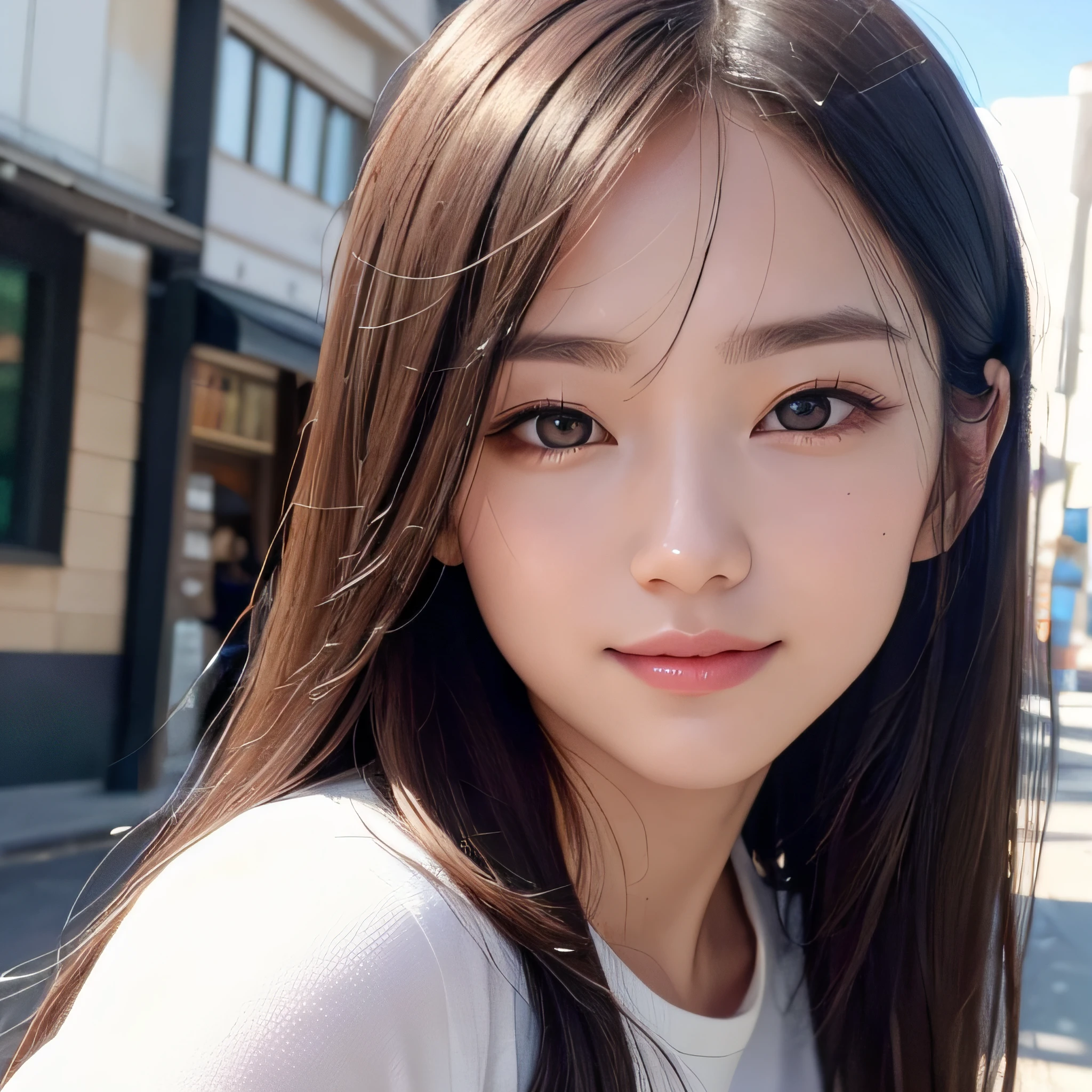 RAW photos, camera gaze, ((top quality, 8k, masterpiece: 1.3)), sharp focus: 1.2, (1girl) ,white shirt, pretty features, best smile, cute smile, beautiful woman in perfect style: 1.4, slender abs: 1.2, dark brown hair, (natural light, city street: 1.1), highly detailed face and skin texture, detailed eyes, double eyelids