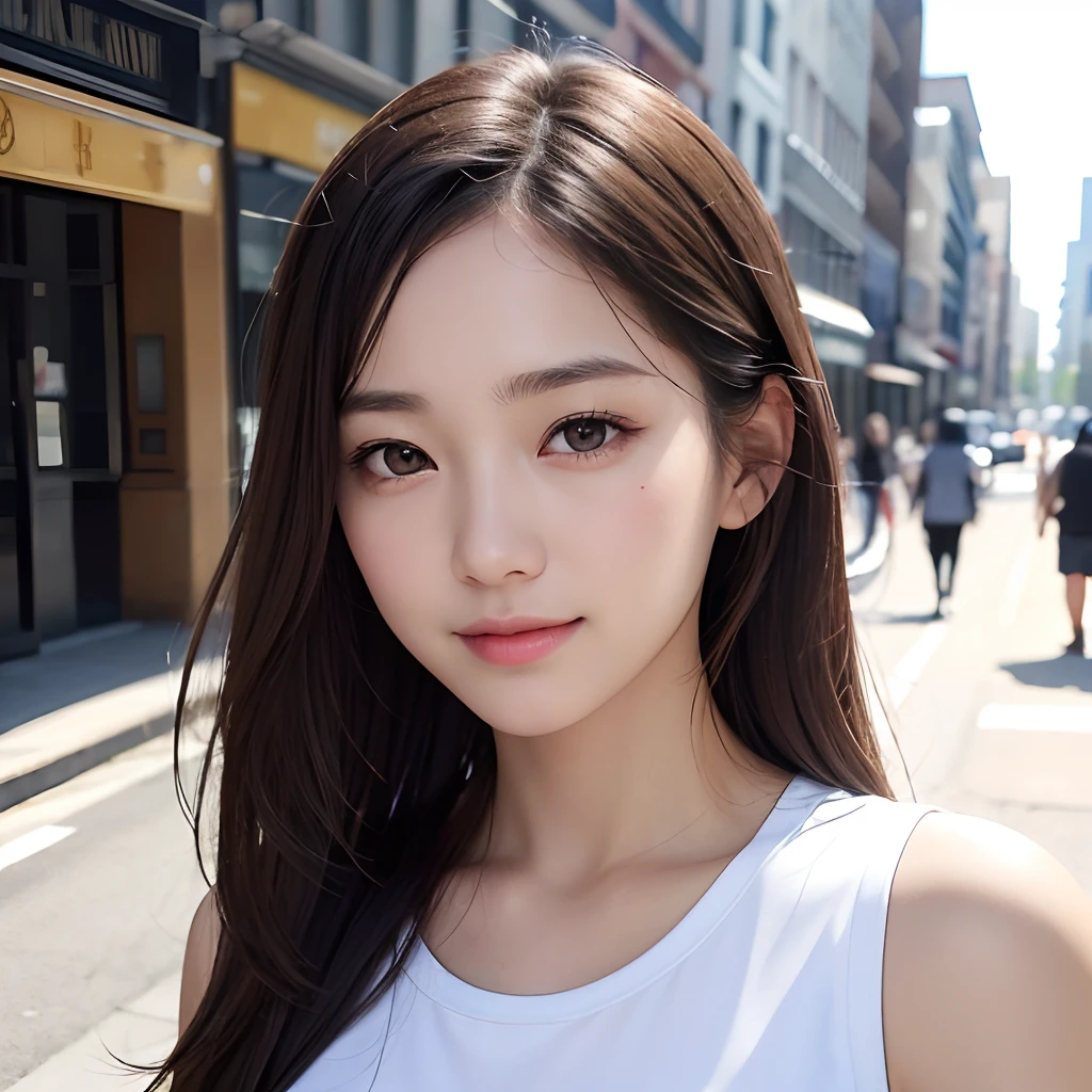 RAW photos, camera gaze, ((top quality, 8k, masterpiece: 1.3)), sharp focus: 1.2, (1girl) ,white shirt, pretty features, best smile, cute smile, beautiful woman in perfect style: 1.4, slender abs: 1.2, dark brown hair, (natural light, city street: 1.1), highly detailed face and skin texture, detailed eyes, double eyelids