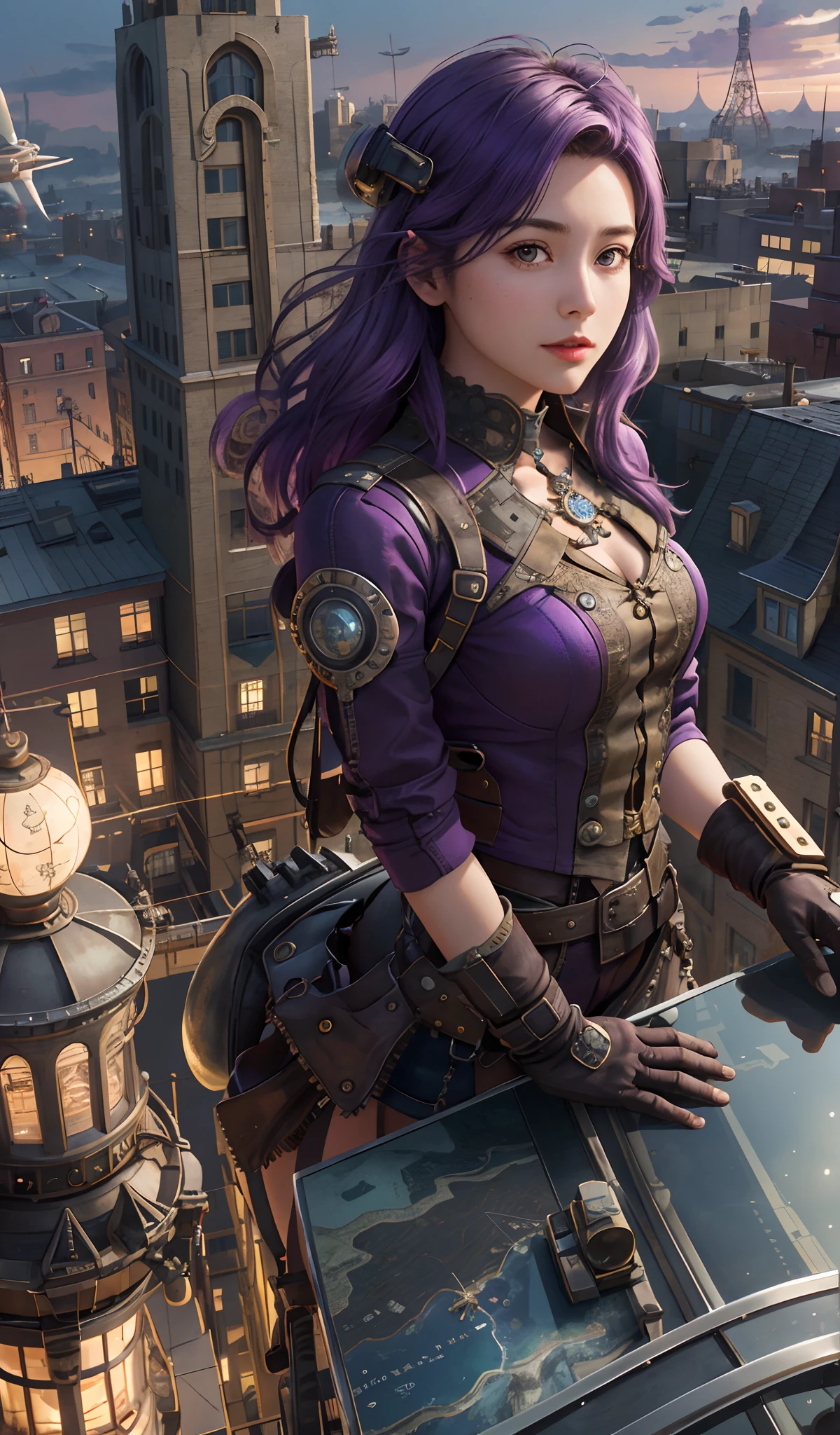 girl srading on top of a building, airships in the sky, airplanes, very detailed, realistic, traced lights, 4k, gourgeos, gears, steampunk style, magical, cap, purple hair, bracelets, intricate details, gourgeos landscape, digital art, realistic, misteryous, gloves, inspiring, defined curves, sensual