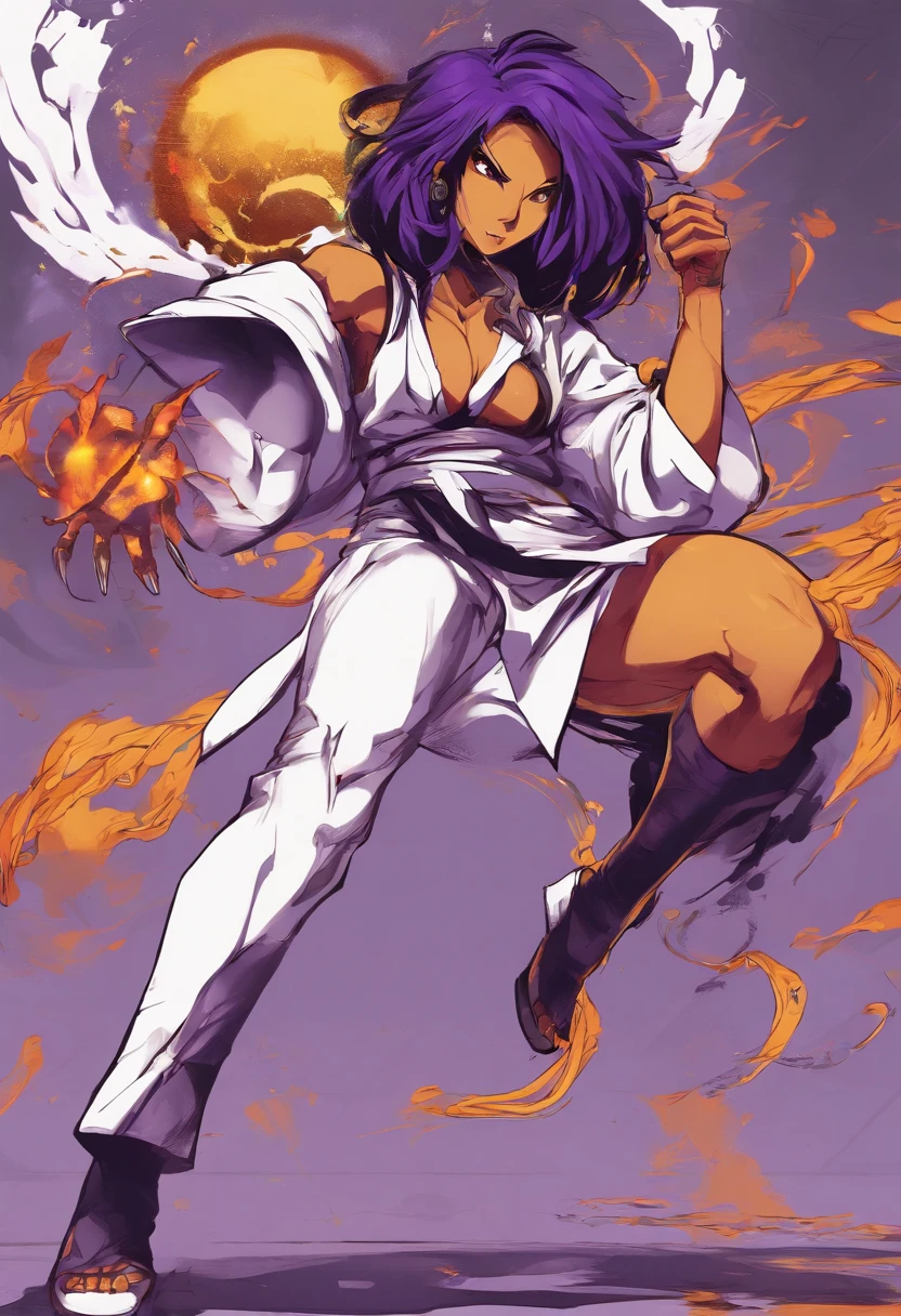 Chica de anime bleach, yoruichi, cabello morado, ojos amarillo brillante, pechos grandes, trasero grande, piel chocolate, desnuda