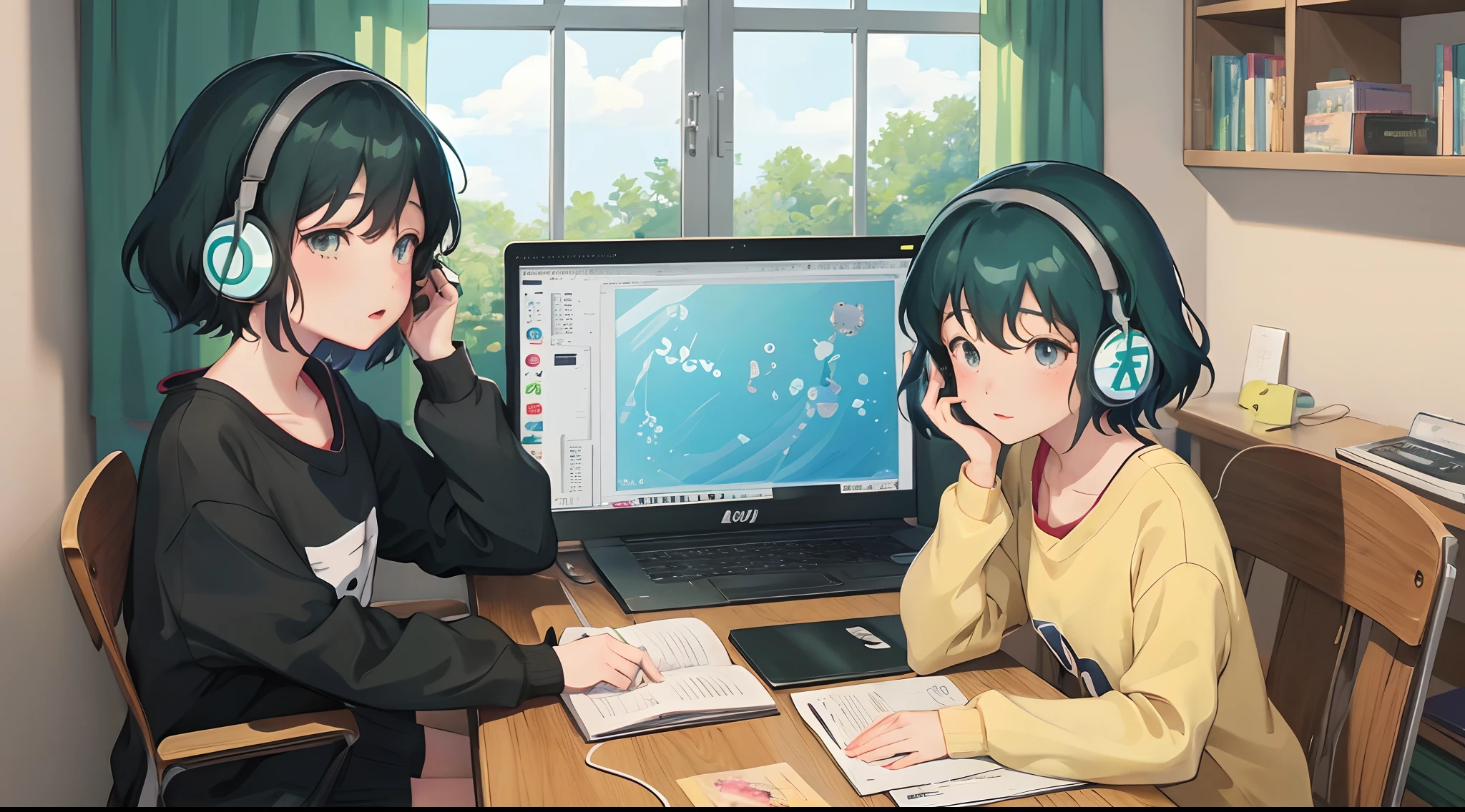 anime girl with headphones sitting at a desk with a laptop, lofi girl, lofi artstyle, lofi art, in style of atey ghailan, lofi, style in ghibli anime style, lofi colors, lofi feel, style in ghibli anime, lofi portrait, ghibli studio anime style, inspired by Atey Ghailan, animated film still