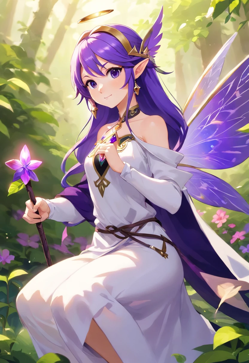 Fairy Priestess, violet wings, violet ponytail, white robe, black staff with purple gem, masterpiece, best quality