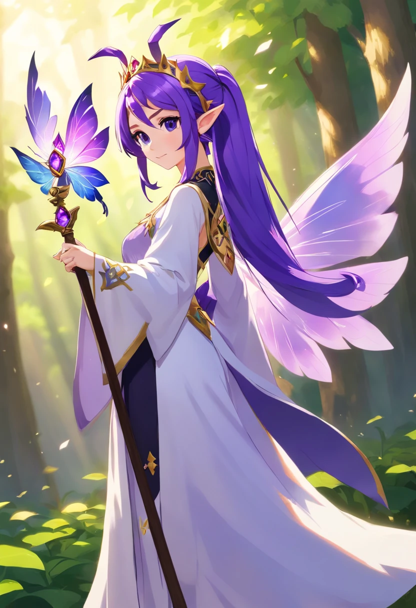 Fairy Priestess, violet wings, violet ponytail, white robe, black staff with purple gem, masterpiece, best quality