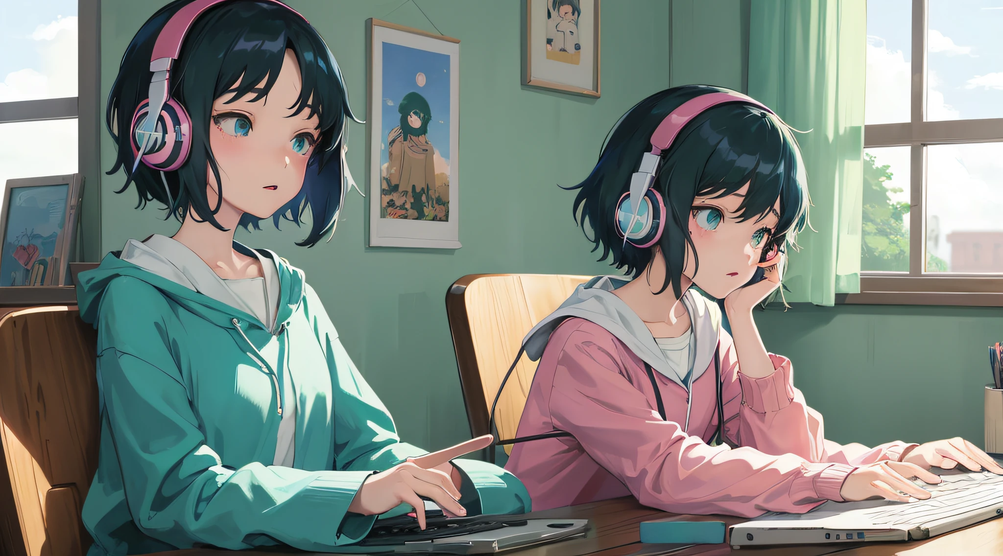 anime girl with headphones sitting at a desk with a laptop, lofi girl, lofi artstyle, lofi art, in style of atey ghailan, lofi, style in ghibli anime style, lofi colors, lofi feel, style in ghibli anime, lofi portrait, ghibli studio anime style, inspired by Atey Ghailan, animated film still