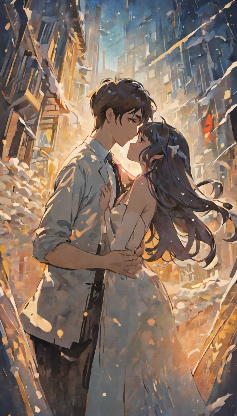A snowy, whimsical fantasy scene with an Asian model in focus. The image is primarily composed of white, black, and royal blue colors. The artwork is created with abstract shapes and lines, resembling brush strokes. It has a poster art feel to it. The main focus of the scene is a couple engaged in a passionate kiss. The lighting and shadows play a crucial role in enhancing the mood of the artwork. The style of the image is influenced by the works of Malcolm Liepke, known for his dynamic and expressive paintings. In the style of Adrian Ghenie, Esao Adrews, Jenny Saville, Edward Hopper, surrealism, Dark Art par James Jean, Takato Yamato, Minimalism inkpunk