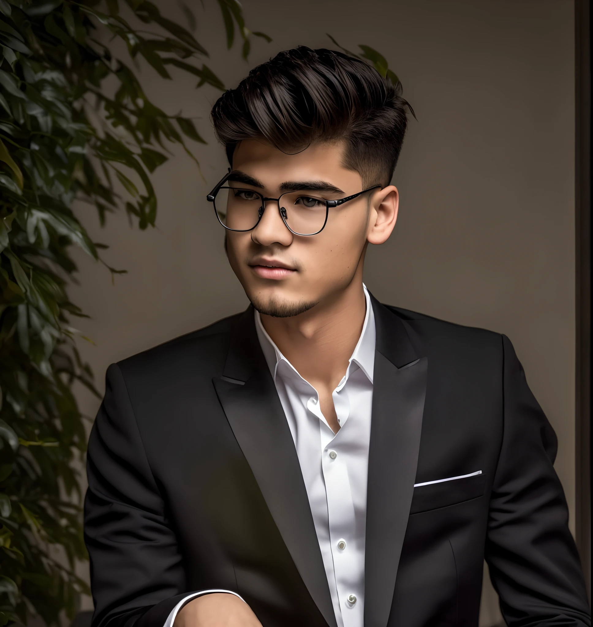 ((half body)) Photo RAW Ceo boy 19 years old. sitting in an office chair, wearing black suit, facing straight, (Impeccable) ,Serious and elegant man, , with thick male eyebrows, (with mysterious and serious face,) short dark hair, dark black background image, elegant, ( high quality and realistic image), ((Best Quality, 8k, Masterpiece)
