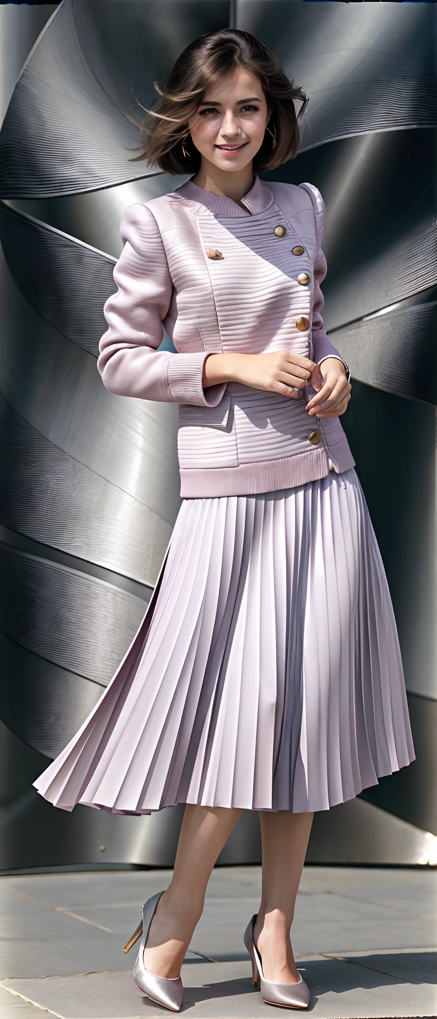 1984, very (seductive:1,9) (happy:1,8) smiling young girl wearing short blazer and very very detailed (long (fully pleated) full circle skirt) and (simple) low heeled office shoes, very very intricate hyper-detailed symmetric (attractive graceful young feminine face) with (sad, tired eyes and a shy smile), large breasts, full of empathy and compassion and love, (pronounced (feminine) features), (highly detailed ultra accurate realistic) hands and fingers, playing with skirt, dancing, (windy conditions and wind blowing), epic composition, highly detailed attributes, highly detailed atmosphere, (35mm f1.4 Kodak portra 400 photograph), extremely high quality RAW photograph,