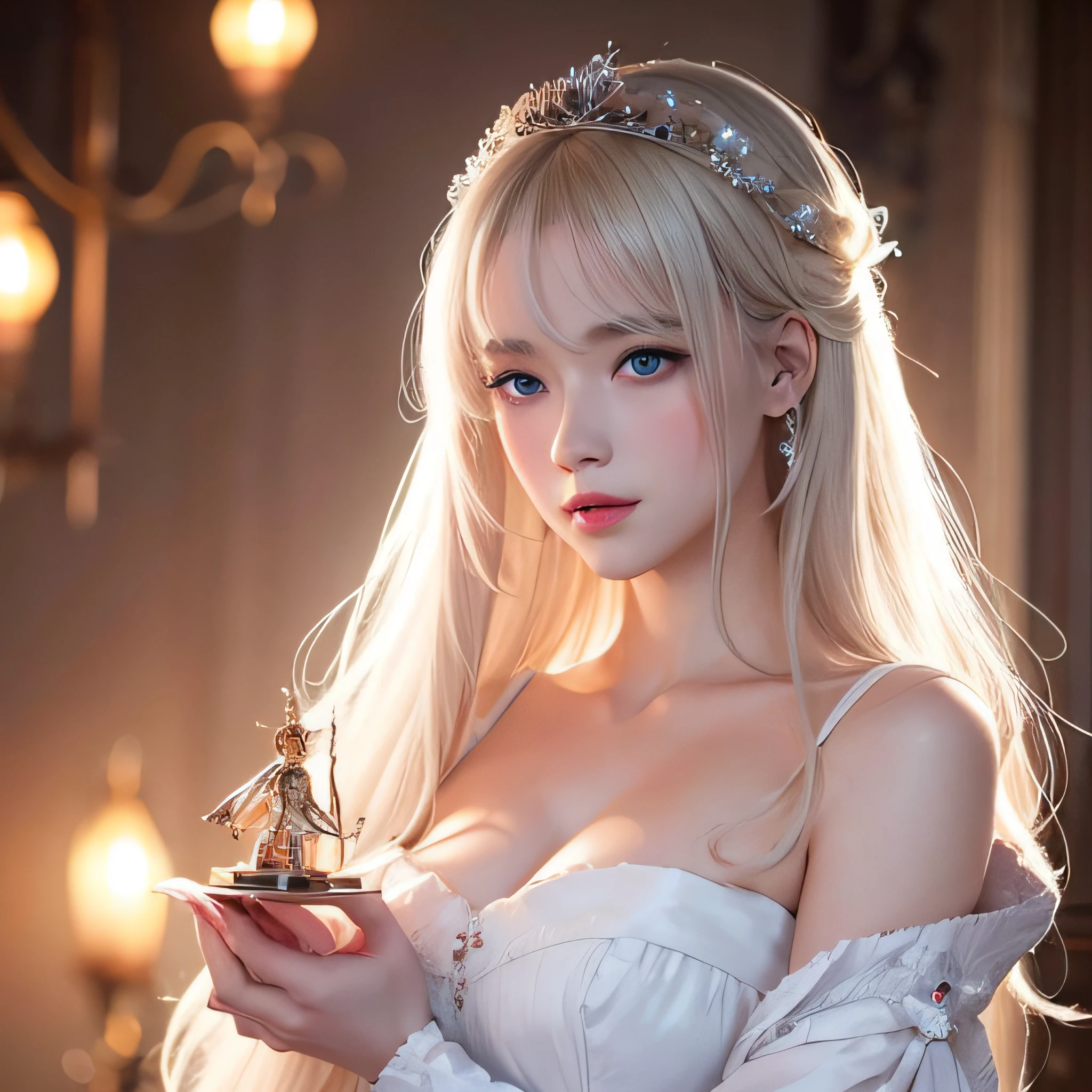 there is a woman in a white dress holding a Music Box, artwork in the style of guweiz, guweiz on pixiv artstation, guweiz on artstation pixiv, guweiz, fantasy art style, guweiz masterpiece, beautiful and elegant queen, beautiful character painting, detailed digital anime art, blonde - haired princess, White hair, sky blue eyes, pink lips