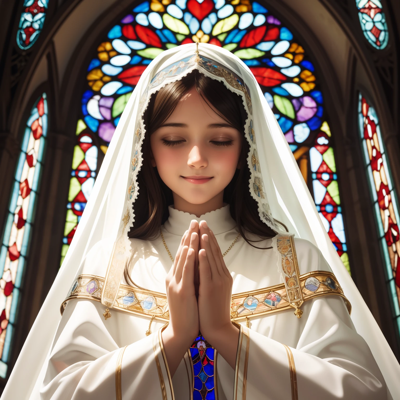 A virgin mary smiling stained glass window, white veil, praying hands, close up, front view,