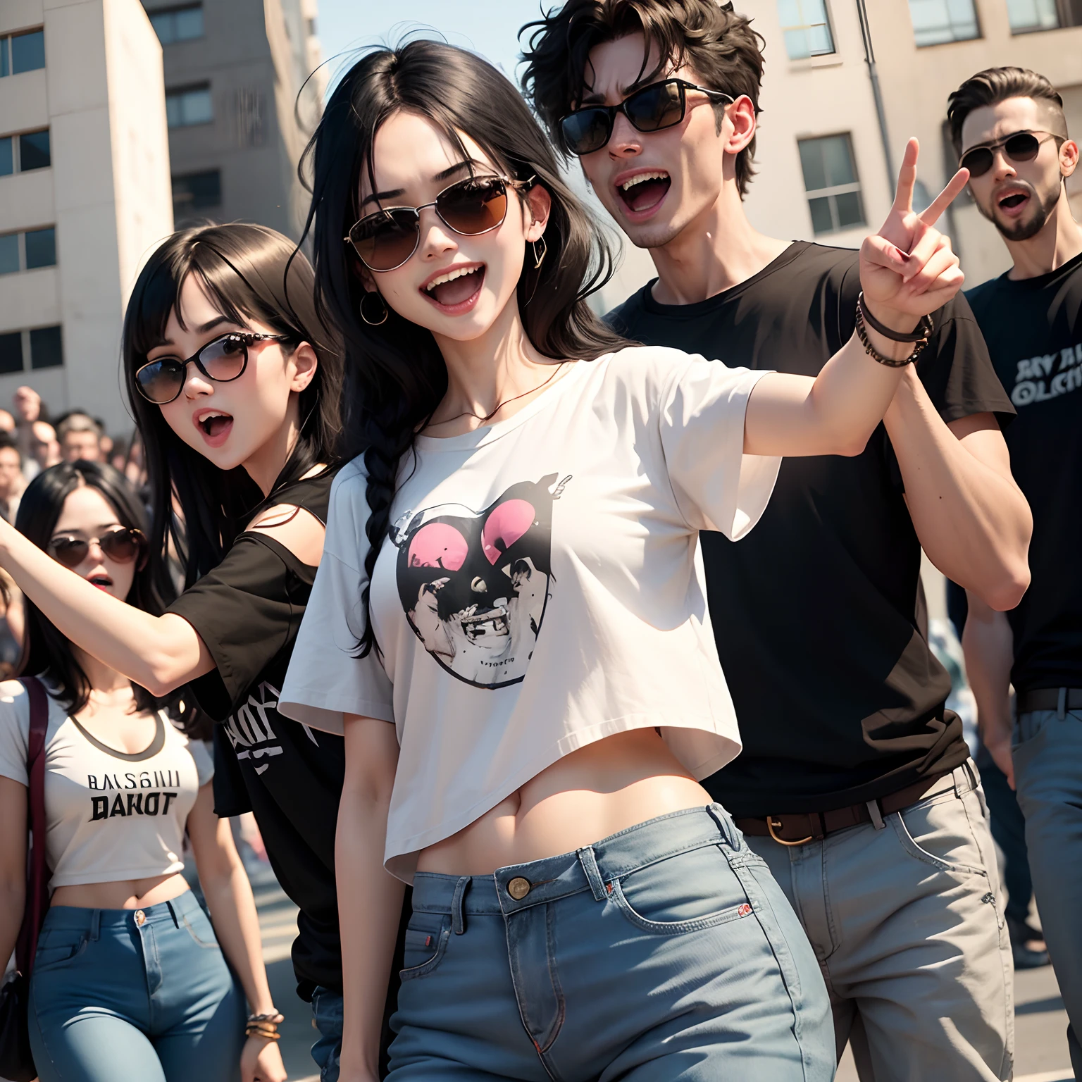 freaky men and womans dancing screaming and laughing, black hair, sunglasses, wearing baggy jeans and t shirts, everyones hand pointing upper, dancing hardly