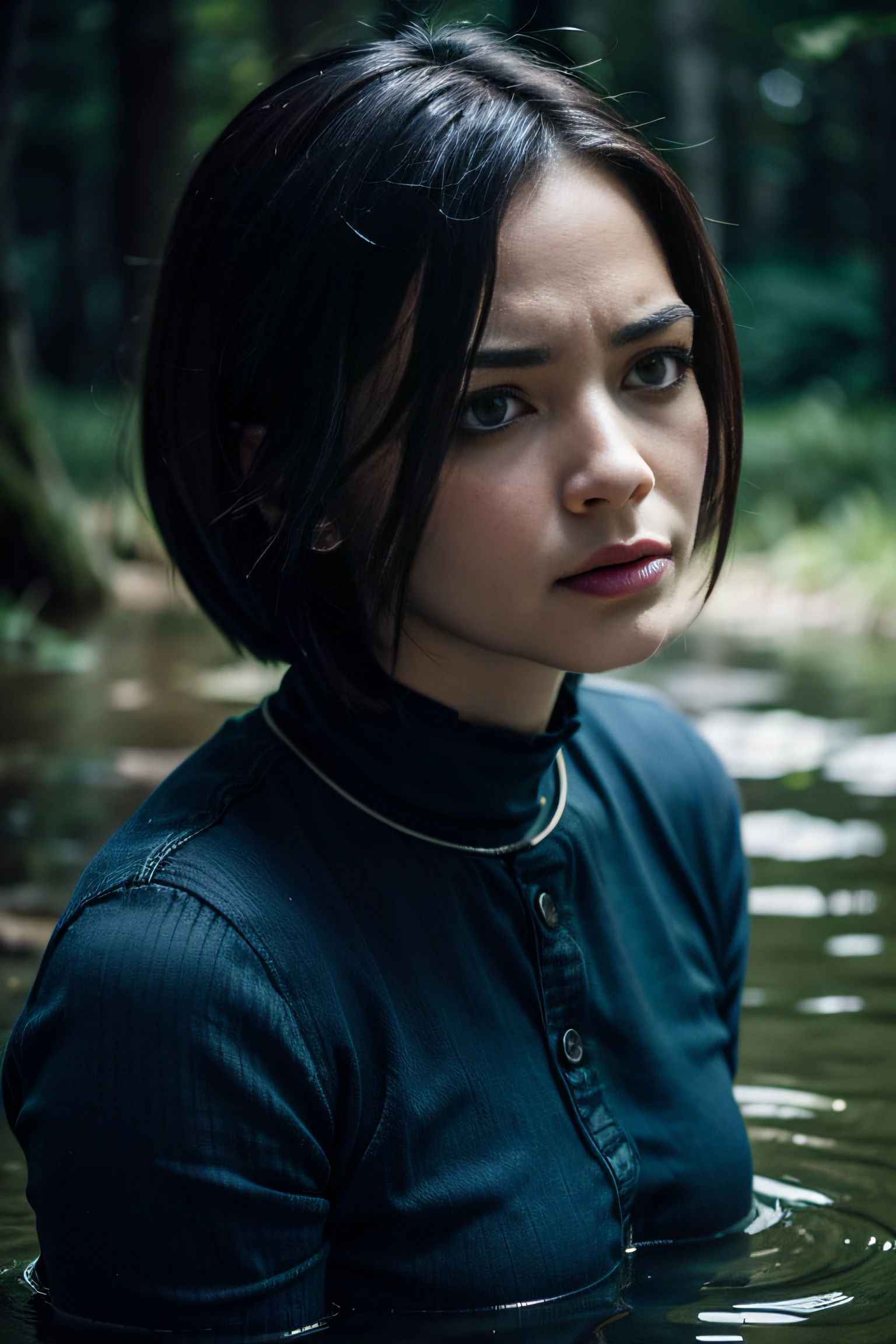 "(Best Quality,hight resolution:1.2),The woman,Expressive wrinkles,Bob haircut,jeans skirt,blouse,dark lace stockings with garters, ( drowning in a swamp:1.2),Detailed eyes and face,long eyelashes,expression of despair,Dark and moody lighting,ominous vibe, death"