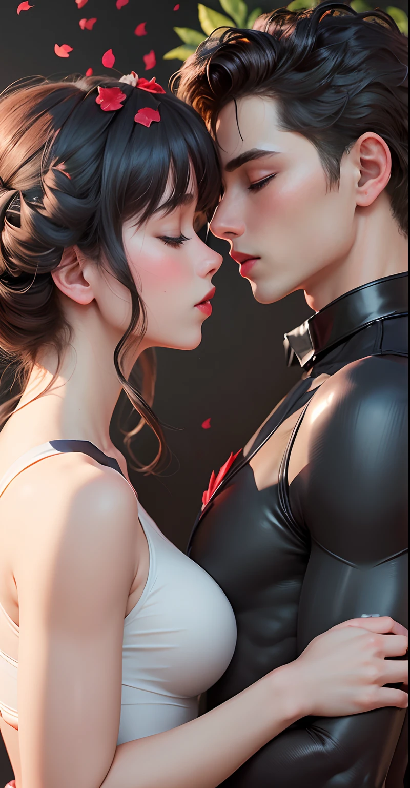 Boy and girl kissing each other, boy wearing black suit)) Girl wearing white leotard, red lip)) blush, closed eyes, Love, leafs background, an act of love, Amazing, best quality, Masterpiece, 8k quality, realistic