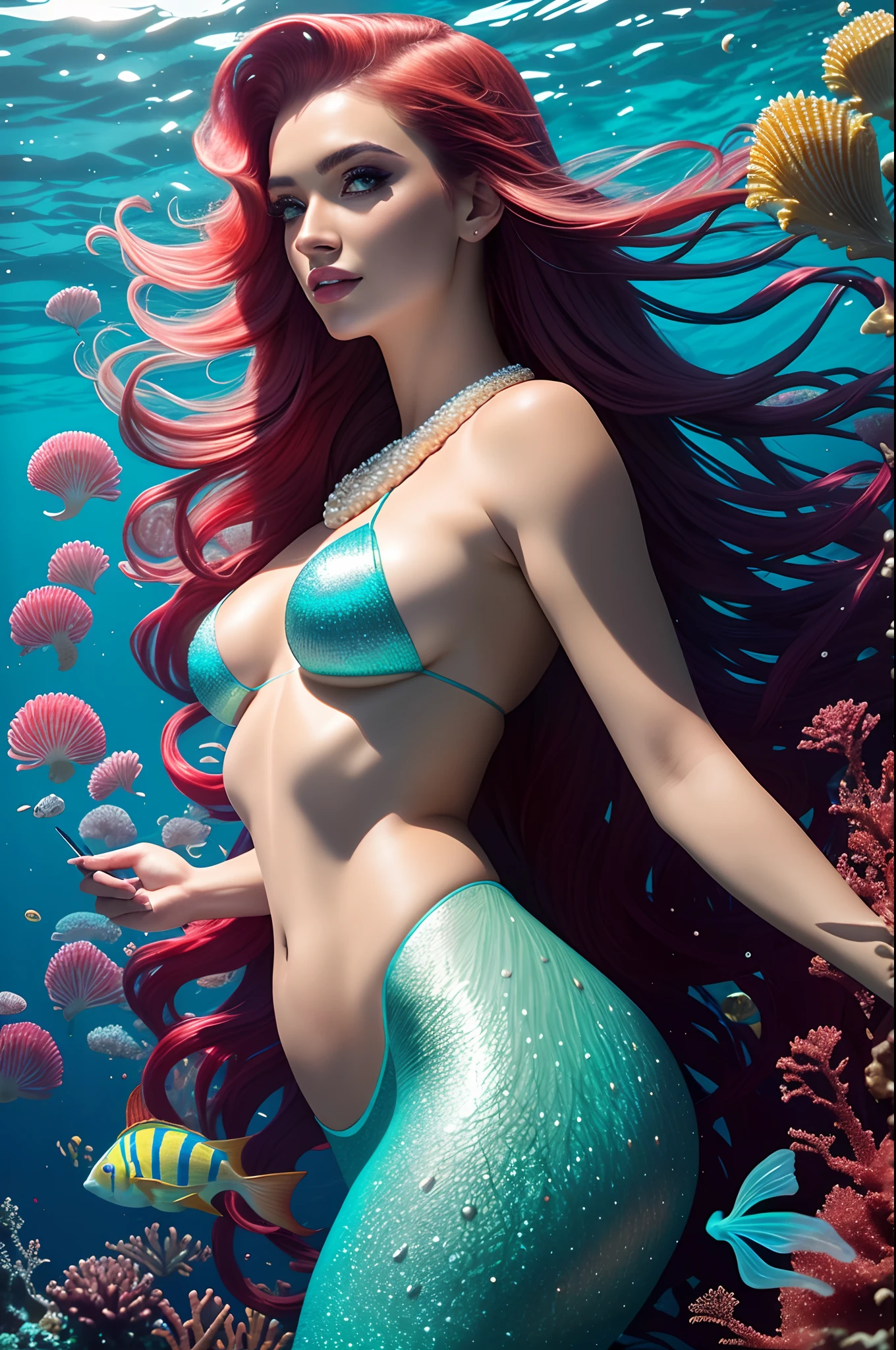 master part, 8k, ultra-high resolution, photo-realistic:1.3), uma sereia deslumbrante, (flowing colored hair:1.2), (olhos de safira penetrantes:1.2), Nadar graciosamente, underwater kingdom, (recife de coral luminoso:1.1), criaturas marinhas vibrantes, (Bright Jellyfish:1.1), (majestosas tartarugas marinhas:1.1), (Exotic fish with rainbow scales:1.1), (Sunlight filtering through the ocean surface:1.2), criando raios hipnotizantes, (Sparkling water droplets:1.1), Dynamic angle, side view, (intrincada tiara de conchas:1.1), (elaborate pearl necklace:1.1), (Ethereal blue and red algae:1.2), (Sony Alpha 1 camera, ideal for underwater photography:1.2), (emparelhado com um Sony FE 16-35mm f/2.8 lentes GM:1.2), (capturing every detail of the mermaid with precision:1.1), (highlighting the enchanting underwater world:1.1), (illuminating the luminous eyes and captivating features of the mermaid:1.1), (the image radiating a sense of mystical beauty and tranquility:1.1). Motor Unreal 5, max quality, Max Resolution, ultra-realistic, ultra-detalhado, Maximum sharpness, ((ruiva)), perfeito_perna, perfeito_Hands, GoodHands-beta2,Detalhador Furtástico