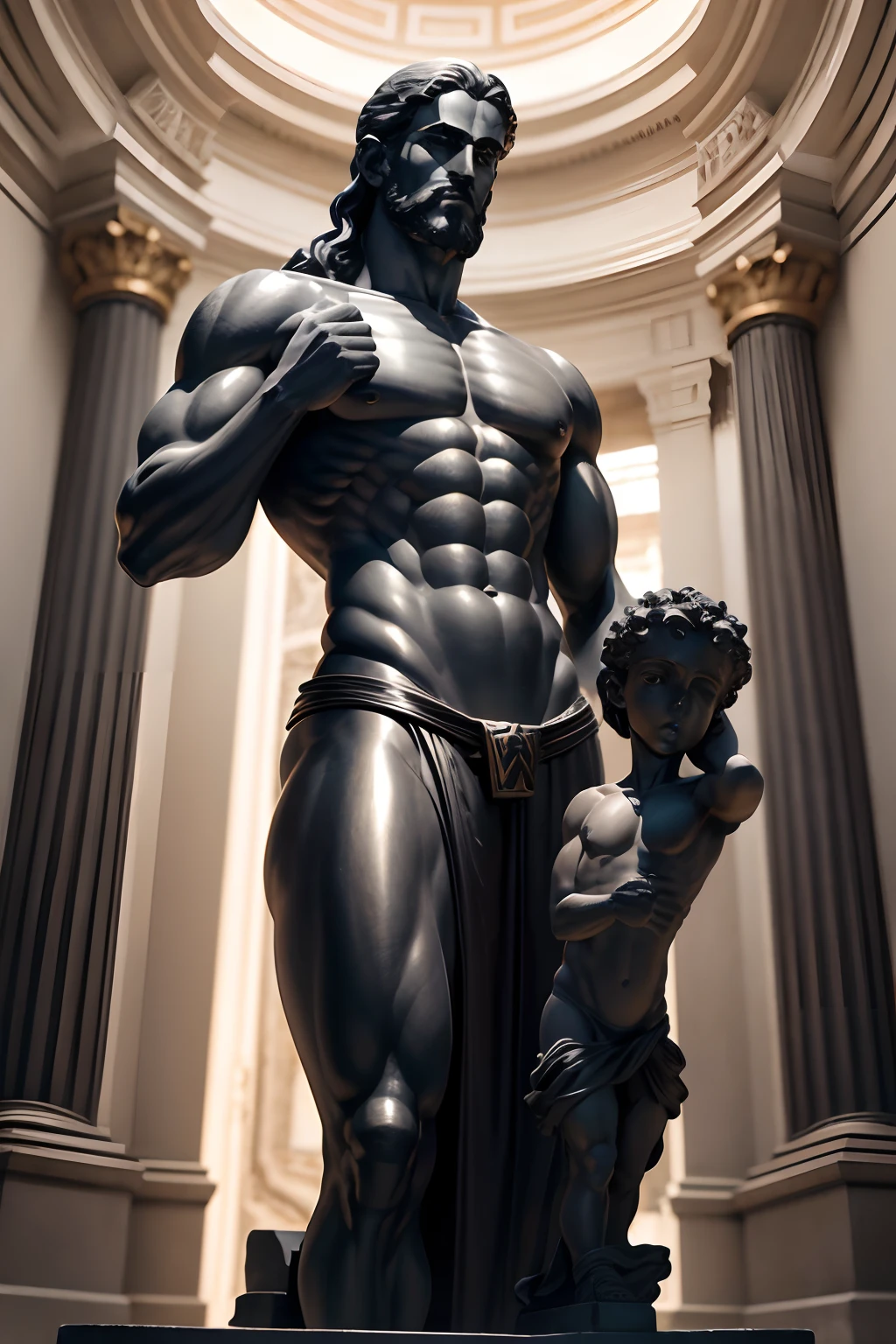 Statue of a symmetrical Greek god, com semblante irritado, shiny black marble, de frente, musculoso, barba e cabelo volumosos e ondulados, sentado lendo um pergaminho, displaying head, Arms, peitoral, abdome e pernas, imagem 8k.