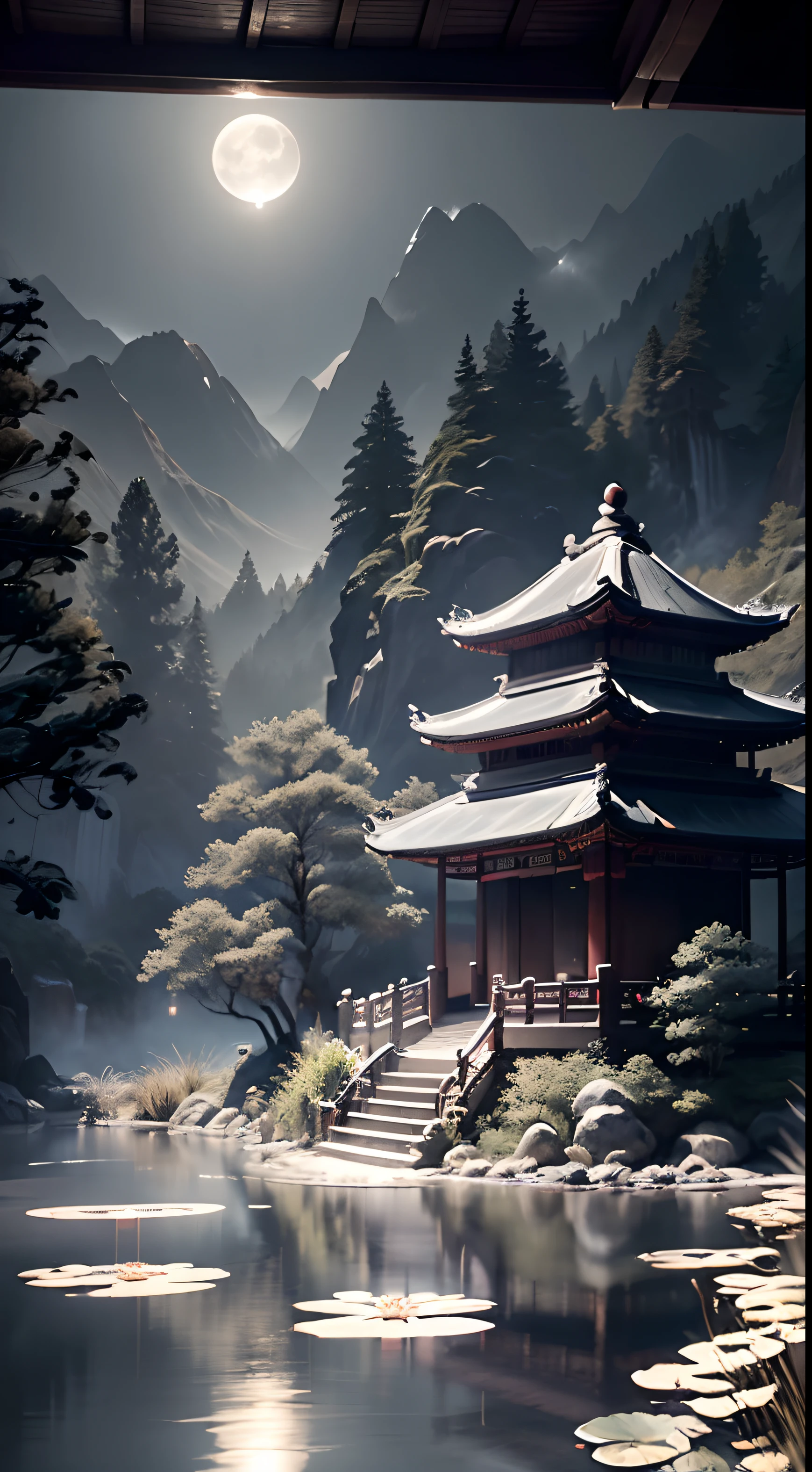 masterpiece,best quality,Chinese martial arts style,an asian night scene with lanterns and water lilies,asian pond with many lanterns and boatsa night scene with many lights and boats in the water, Lake surface, lotus flowers,beautiful night scene,(((Chinese martial arts style))), with vast sky, continuous mountains and steep cliffs, ink wash style, outline light, atmospheric atmosphere, depth of field, mist rising, bamboo, pine trees, octagonal stone pavilion, waterfall flowing water,big full moon,(No color) , Monochrome, light color,