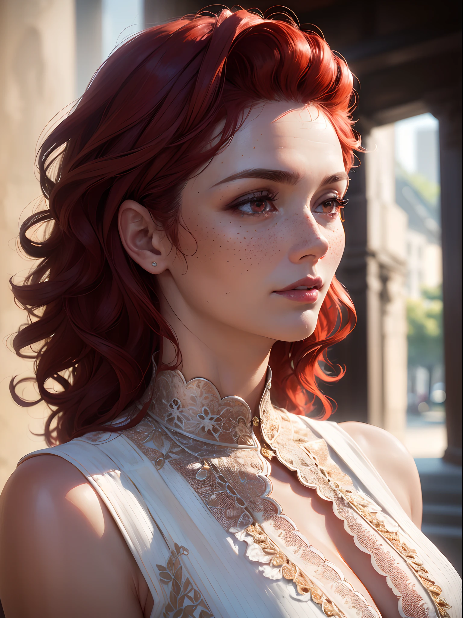 (Detailed face features:1.3), (((mature woman))), standing wearing a long dress, (close-up photo, face picture, zoom in, side view:1.4), (side face photo, 16k, masterpiece, best quality: 1.2), (high detailed skin), (curly red hair), (freckles, red eyes, detailed lips)), slim, automatic white balance, (ultra realism, hyper detailed and intricate realism: 1.3), (wide depth of field, radiant mapping: 1.2), High dynamic range, vivid, rich details, clear shadows and highlights, realistic, intense, enhanced contrast, clear outdoor,