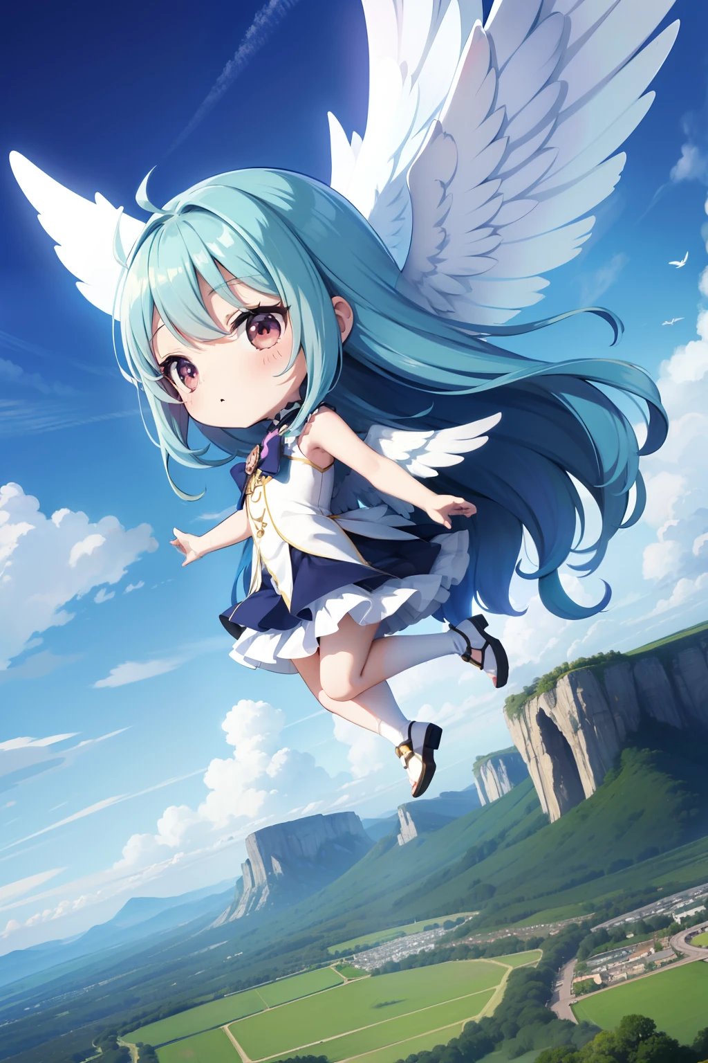 angelicales　Chibichara　large wings on the back、Floating in the air　long hair with blue hair((Chibi Chara))、Fluffy、girl with、Chibi Chara、full body Esbian、angel costume、Pastel colors hair、masutepiece、top-quality、Vast landscape in the background(a picture)