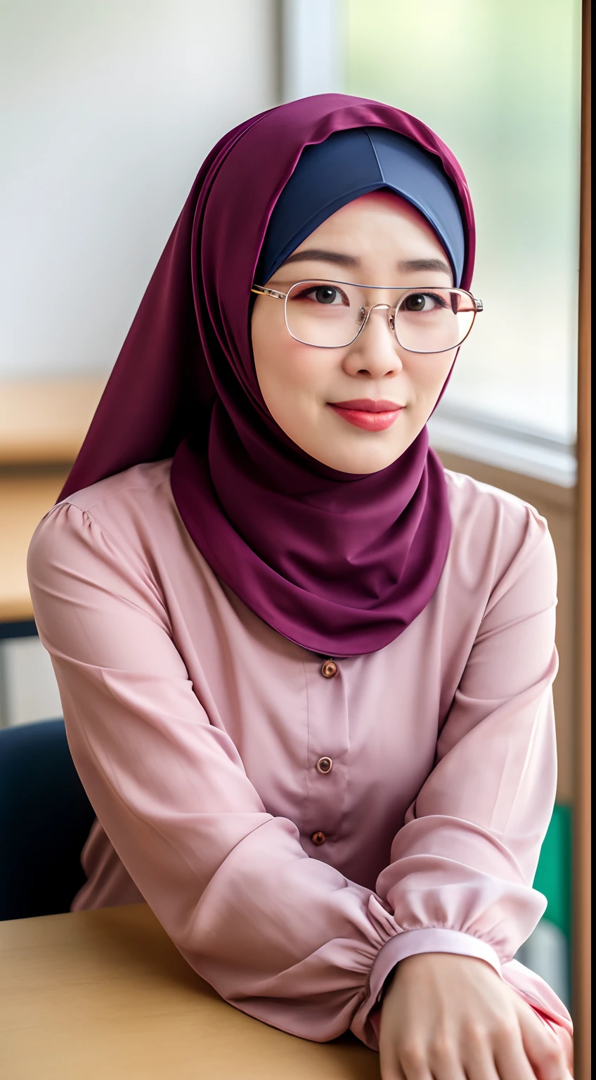 beautiful malaysia college woman age 22 name mira filzah brown eye, wearing nerd eyewear,tudung muslim,modernbaju kurung look rich,calm,confident,happy,beautifull body,looking at viewer, sitting on desk in classroom, (photo, photorealistic:1.37), (ultrahigh-res), half body, walking pose, hyper detailed  POV, by lee jeffries, nikon d850, film stock photograph ,4 kodak portra 400 ,camera f1.6 lens ,rich colors ,hyper realistic ,lifelike texture, dramatic lighting , cinestill 800,