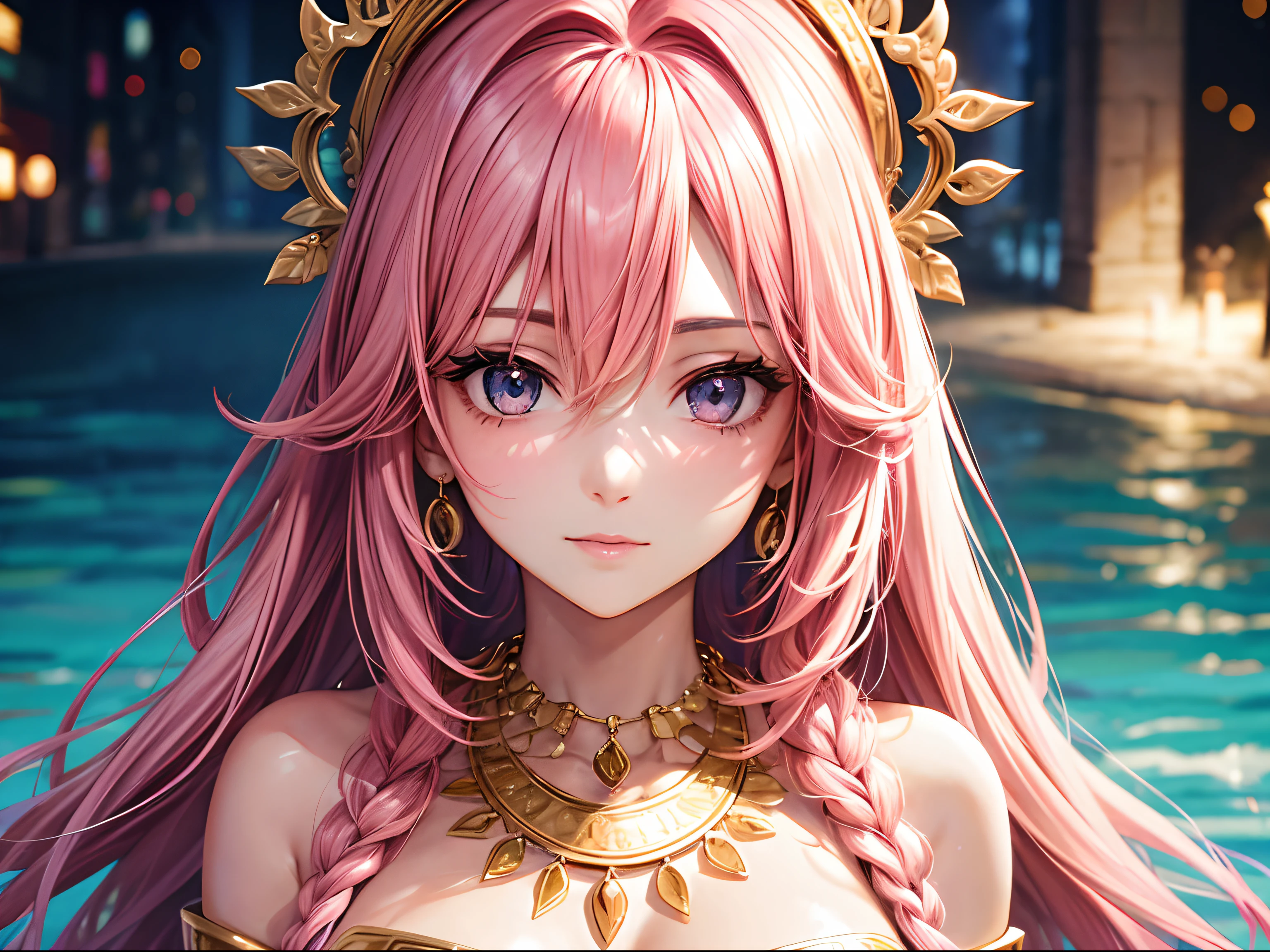 Close -up, 1 Beautiful woman,Pink hair,Gold necklace around the neck , eyes details,facial details