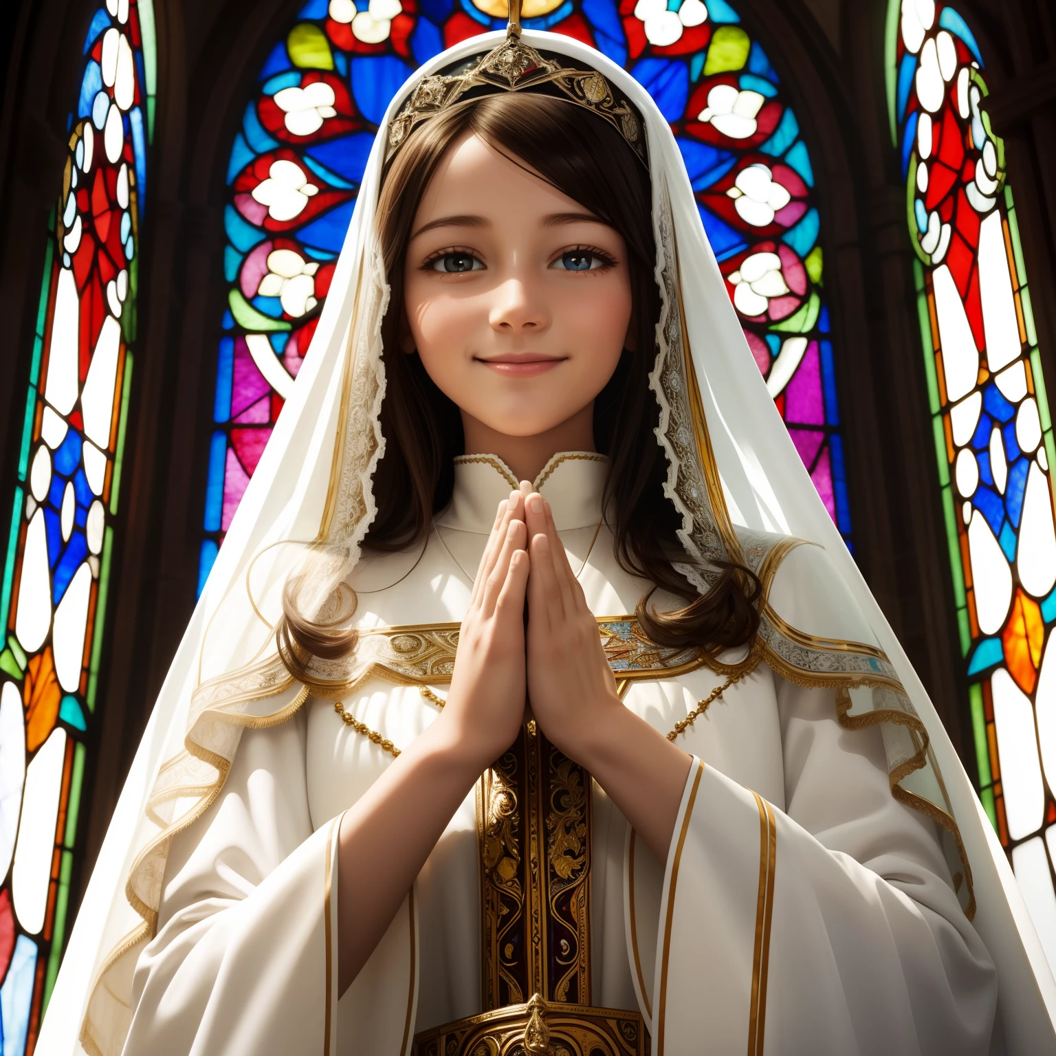 A virgin mary smiling stained glass window, open eyes, white veil, praying hands, close up, front view,