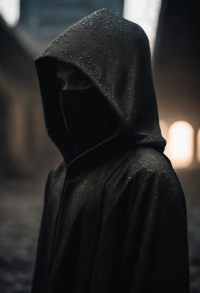 profile picture featuring a masked and hooded boy in a desolate and technological environment. The boy’s face is obscured by a mask, leaving only his eyes visible. The mask has a futuristic design, perhaps made of sleek, metallic material with intricate patterns or glowing elements. The hood of his cloak partially covers his head, further adding to the mysterious and enigmatic feel. The background of the picture depicts a desolate landscape with remnants of advanced technology. Perhaps there are broken and rusted machines scattered around, abandoned structures with flickering lights, or towering buildings in disrepair. The atmosphere is gloomy and dystopian, with a sense of decay and neglect.