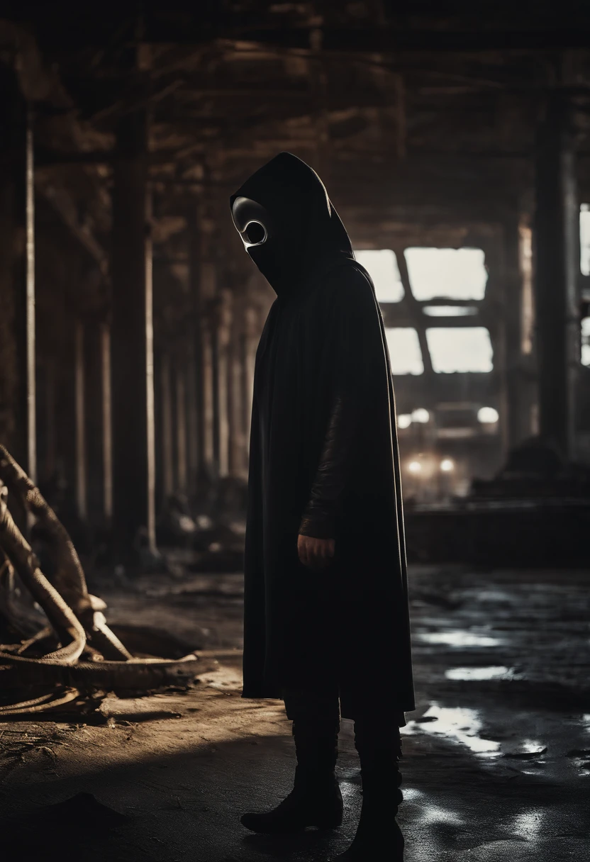 profile picture featuring a masked and hooded boy in a desolate and technological environment. The boy’s face is obscured by a mask, leaving only his eyes visible. The mask has a futuristic design, perhaps made of sleek, metallic material with intricate patterns or glowing elements. The hood of his cloak partially covers his head, further adding to the mysterious and enigmatic feel. The background of the picture depicts a desolate landscape with remnants of advanced technology. Perhaps there are broken and rusted machines scattered around, abandoned structures with flickering lights, or towering buildings in disrepair. The atmosphere is gloomy and dystopian, with a sense of decay and neglect.