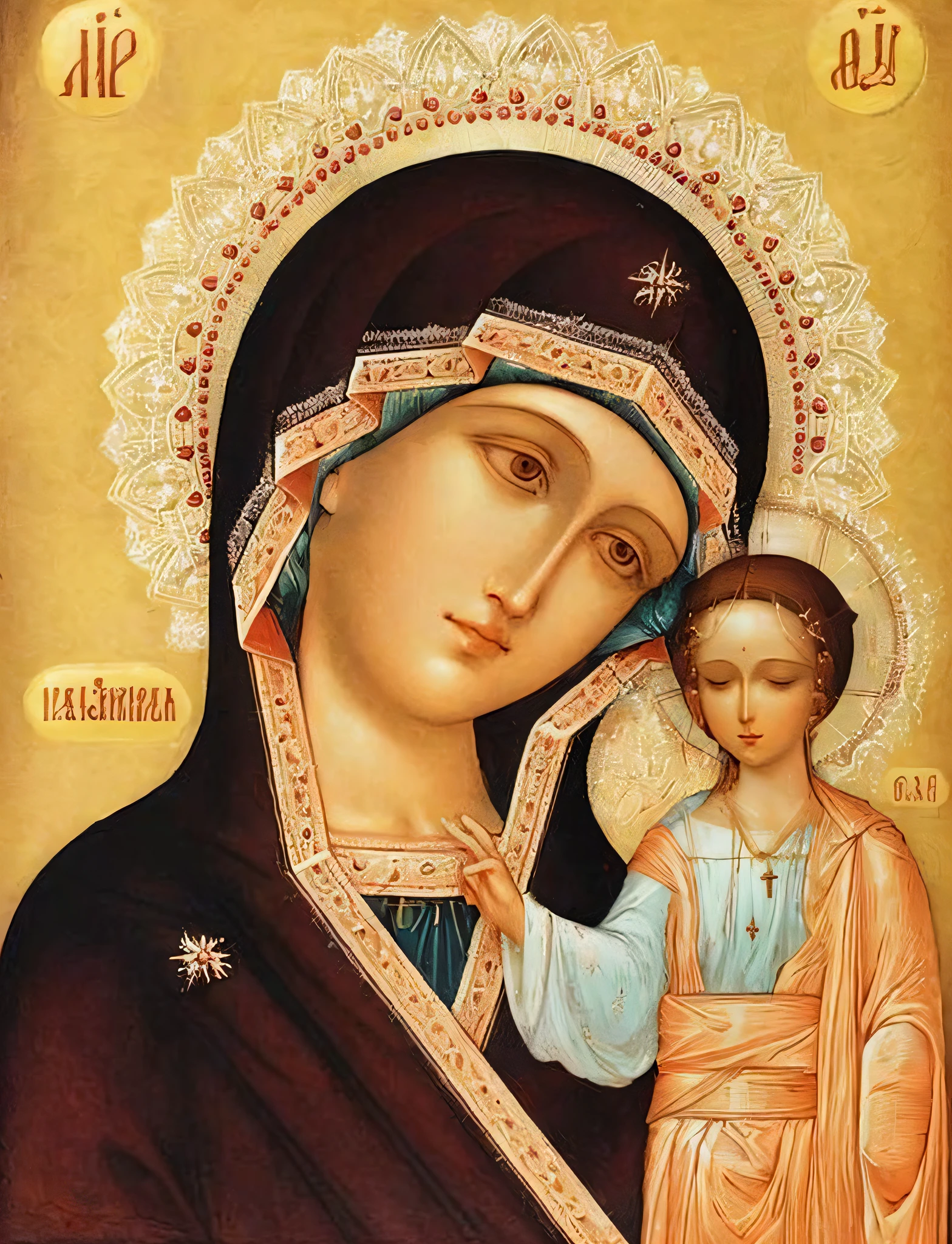 Create a captivating image of the Virgin Mary that emanates divine grace and love. Portray her in a serene and tender pose, surrounded by a soft, heavenly light. Capture the essence of her compassionate and nurturing presence, making her a source of solace and inspiration. Ensure that the image reflects the reverence and deep devotion that countless faithful hold for the Virgin Mary in the Russian Orthodox Church.