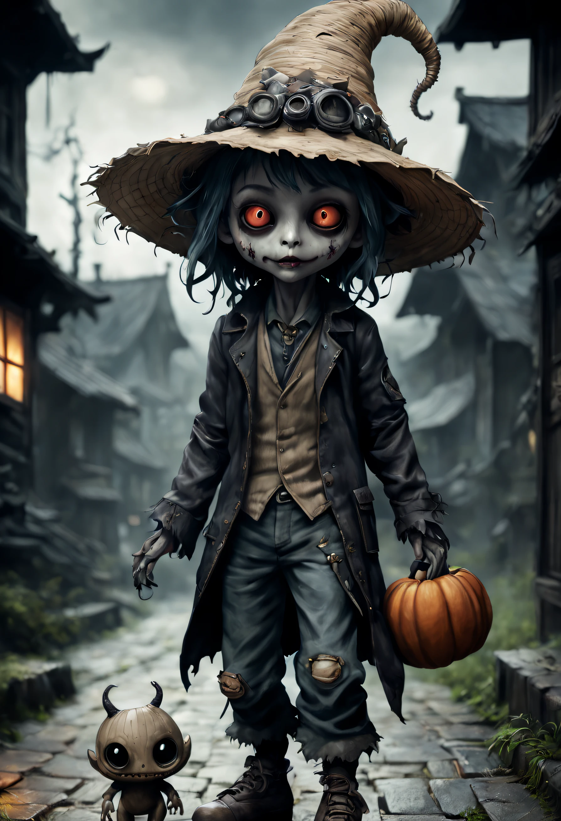 A Halloween-themed chibi-ET-style-alien creature, wore straw hat, shabby clothes and damaged boot, made of black leather, walking with horrified accessories, dark alley, burned down fantasy-village, filled with magic, very dark night, cloudy dark sky, a moonlight without stars, shadow of bats, (((ghosts))) and (((monster))) around, the shadow of dead trees adds to a spooky scene, cinematic, (by Tim Burton&Guillermo del Toro&Steven Spielberg&Junji Ito), dark colors, creepy mood, featured on Netflix, outdoor scene, realistic details, high resolution