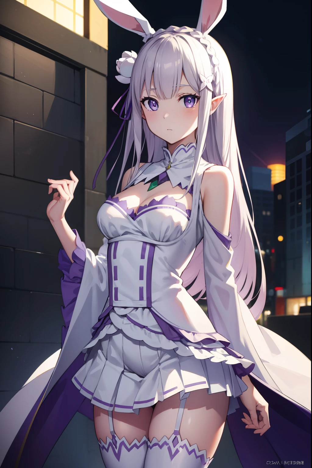 rezeroemilia, emilia, braid, crown braid, flower, hair flower, hair ornament, hair ribbon, long hair, pointy ears, (purple eyes:1.2), white hair, x hair ornament,
BREAK white bunny suit, sexy, skin tight, medium breasts, cleavage, bunny ears, fishnets, garter straps, zettai ryouiki,
BREAK outdoors, city,
BREAK looking at viewer, cowboy shot, full body, BREAK (masterpiece:1.2), best quality, high resolution, unity 8k wallpaper, (illustration:0.8), (beautiful detailed eyes:1.6), extremely detailed face, perfect lighting, extremely detailed CG, (perfect hands, perfect anatomy),