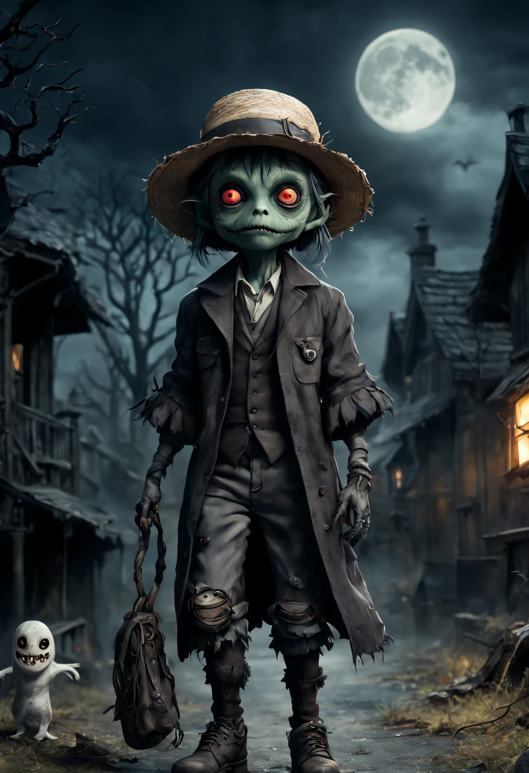 A Halloween-themed chibi-ET-style-alien creature, wore straw hat, shabby clothes and damaged boot, made of black leather, walking with horrified accessories, dark alley, burned down fantasy-village, filled with magic, very dark night, cloudy dark sky, a moonlight without stars, shadow of bats, (((ghosts))) and (((monster))) around, the shadow of dead trees adds to a spooky scene, cinematic, (by Tim Burton&Guillermo del Toro&Steven Spielberg&Junji Ito), dark colors, creepy mood, featured on Netflix, outdoor scene, realistic details, high resolution