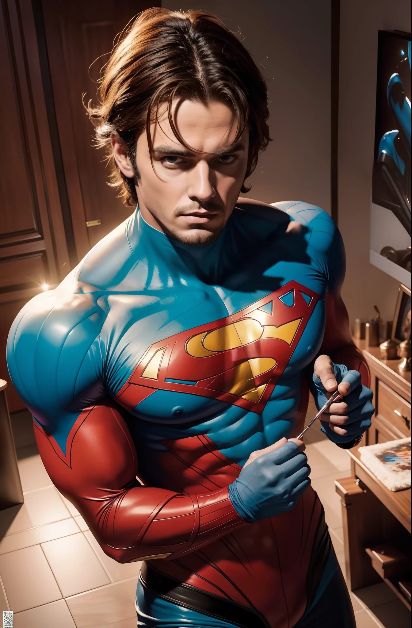 um homem por Gerald Brom, uma pintura do super-homem, Arte de Alessandro Pautasso, superhero art, pintura super detalhada, incredible painting, inspirada em Sam Spratt, pintura detalhada 4K, super detailed oil painting, Super-homem, Estilo de pintura super realista, pintura detalhada 4K, estilo de pintura Daniel Lezama, Pintura 4k, Arte DC.