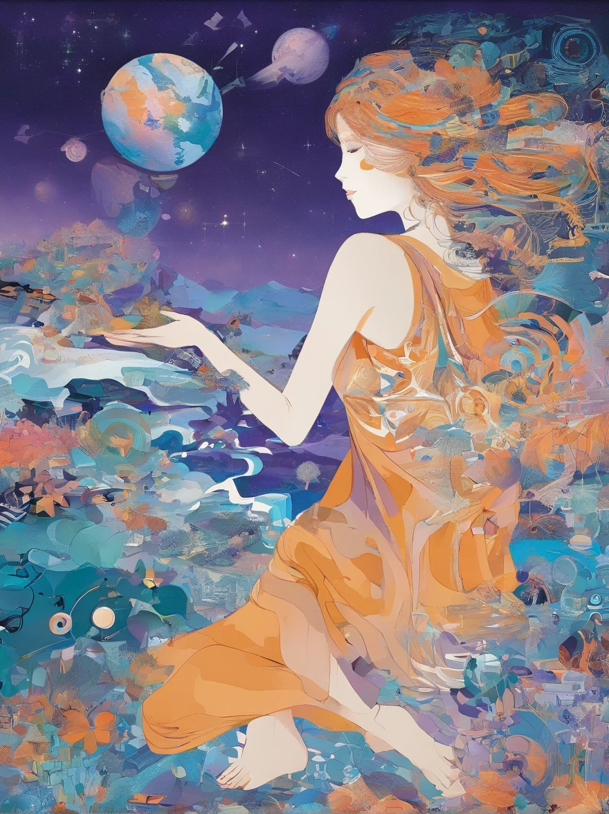 This illustration is based on the theme of youth,Clever blend different elements together,In the upper-left corner of the canvas,There is a well-drawn machine gear,in the upper-right corner of the canvas,A satellite hangs in the air,Next to this planet,Twinkling with faint starlight,In the center of the painting,"Youth" is written in bright letters,The word is presented in a unique way,Highlight in the center of the illustration,Emphasize the importance of "familiarity"。Below the "youth" is a tranquil ocean landscape。The main color of the painting is purple、A mix of green and blue,