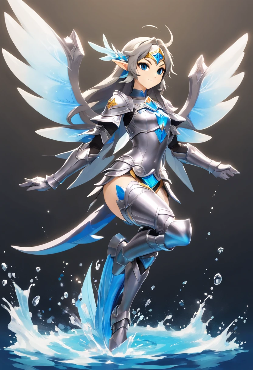 Fairy, grey mecha dolphin-like armor, water, fin-wings dark grey, masterpiece, best quality