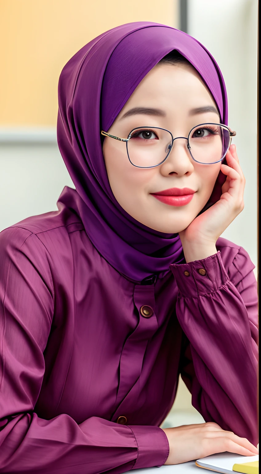 beautiful malaysia college woman age 22 name mira filzah brown eye, wearing nerd eyewear,tudung muslim,modernbaju kurung look rich,calm,confident,happy,beautifull body,looking at viewer, sitting on desk in classroom, (photo, photorealistic:1.37), (ultrahigh-res), half body, walking pose, hyper detailed  POV, by lee jeffries, nikon d850, film stock photograph ,4 kodak portra 400 ,camera f1.6 lens ,rich colors ,hyper realistic ,lifelike texture, dramatic lighting , cinestill 800,