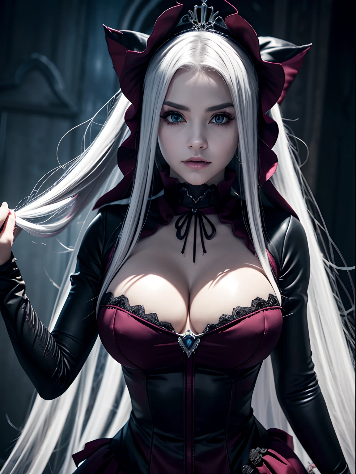 **Shalltear Bloodfallen**³. She is a true vampire and the Guardian of the Floor from the first to the third floor of the Great Tomb of Nazarick².
Shalltear has the appearance of a pale-skinned young girl, cabelos loiros platinados e olhos vermelhos. She wears a white gothic dress with red and black accents, que destaca suas curvas e seios volumosos. She also wears a tiara with a red jewel, brincos de argola, a necklace with a heart pendant, bracelets and rings. Ela tem duas presas afiadas que podem ser vistas quando ela sorri ou ri. Ela carrega um cajado negro com uma esfera vermelha na ponta, which is your main weapon².
Shalltear has a very flirty personality and is open with her sexual preferences, muitas vezes para o desconforto de seus colegas, incluindo seu mestre Ainz. She is in love with Ainz and vies for his attention with Albedo, the Overseer of the Guardians. She also likes blood and fresh meat, and has a tendency to torture its victims before killing them. )))A perfect and definitive idol that captivates everyone,olhos brilhantes super detalhados sem defeitos, lugar sombrio e misterioso. Realista Overlord Anime Setting, Dramatic and sinister nighttime ambient lighting giving an air of suspense and horror movie, Olhar ganancioso convidando um homem、cabelos intrincados、9Perfect head and body figure、Linha de Corpo Perfeita、 Figura fina、Enfatizar a clivagem、Tiroteio RAW、photorealistic cinematic render、hyperrealistic rendering、foto retrato、night time render、Fotos gerais coesas、texturas de pele realistas、alta qualidade、alto detalhado、mais alta qualidade、alta resolubilidade、HDR 8K、Rastreamento de raio、canon, NSFW