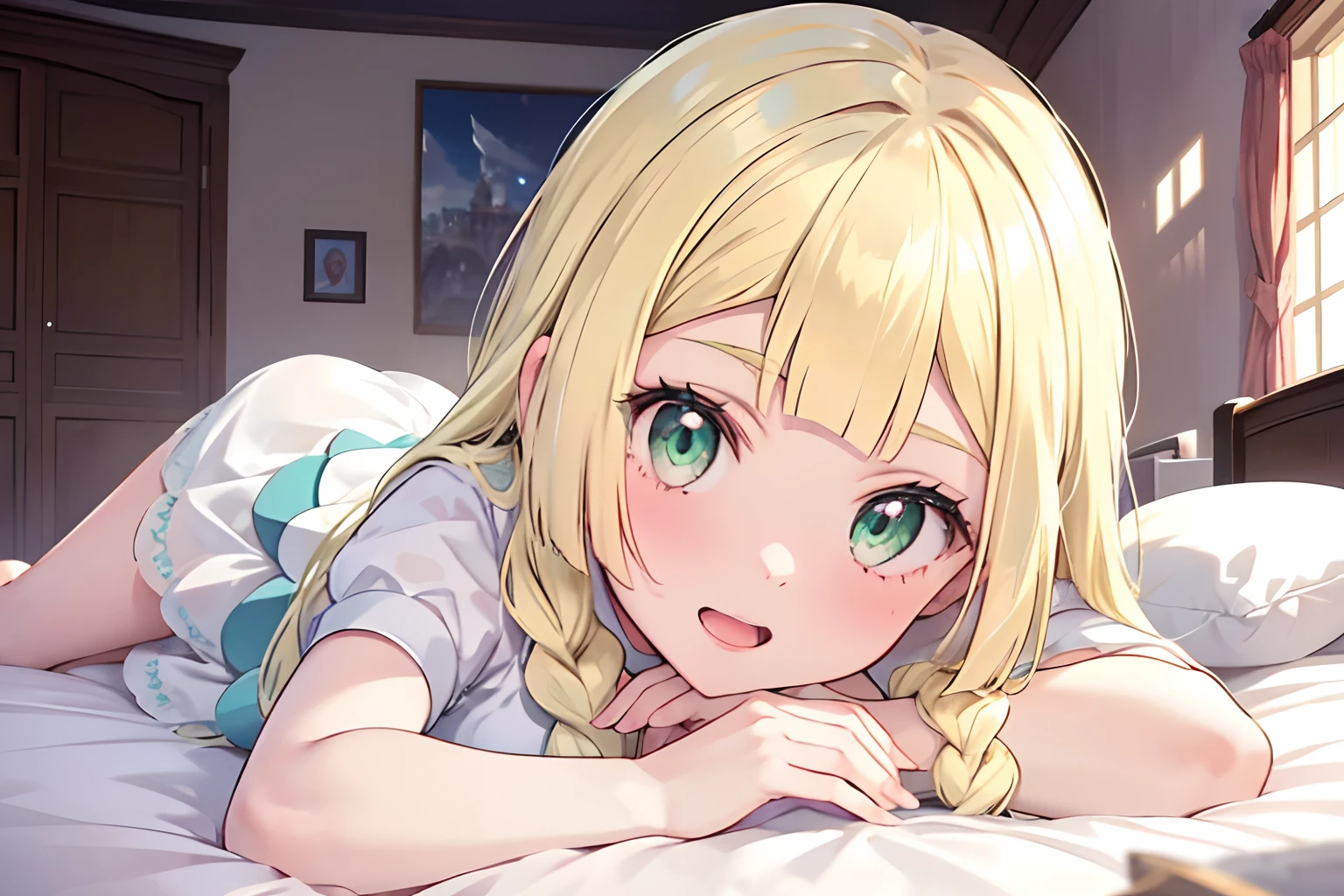 nsfw,fullnude,Lying in bed,inside in room,Green eyes,Viewer's Perspective,,Close-up of the face,One Girl,a blond,lillie \(
pokemon\),Ganbari Lilie,pokemon,White dress,verd s eyes,Smile with open mouth,Top image quality,Masterpiece,Best Quality