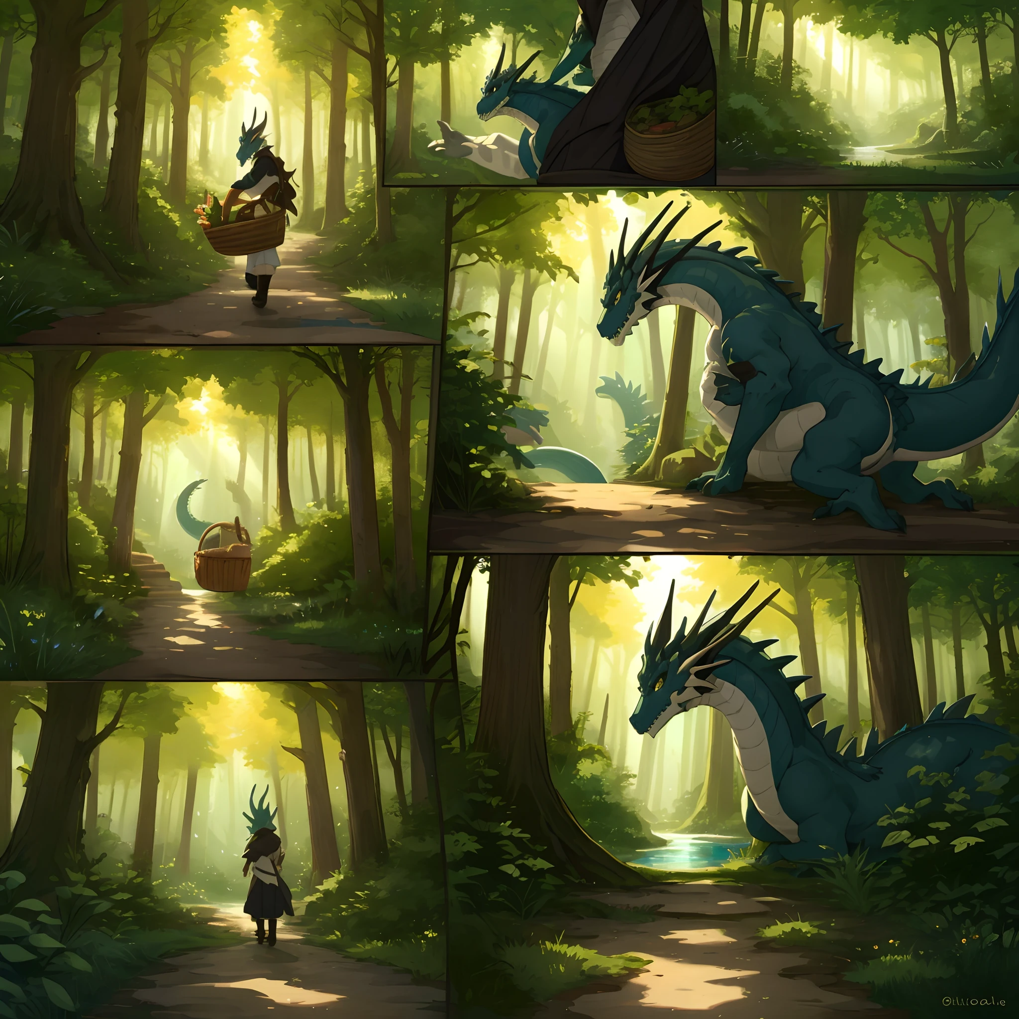 6-panel cartoon, 1. A forest with sunlight shining through, 2. A narrow path leading to the depths of the forest, 3. The back of a girl with a basket, 4. A small dragon peeking out of a beautiful lake, 5. The girl and the dragon looking at each other, 6. The girl reaching out to the dragon,