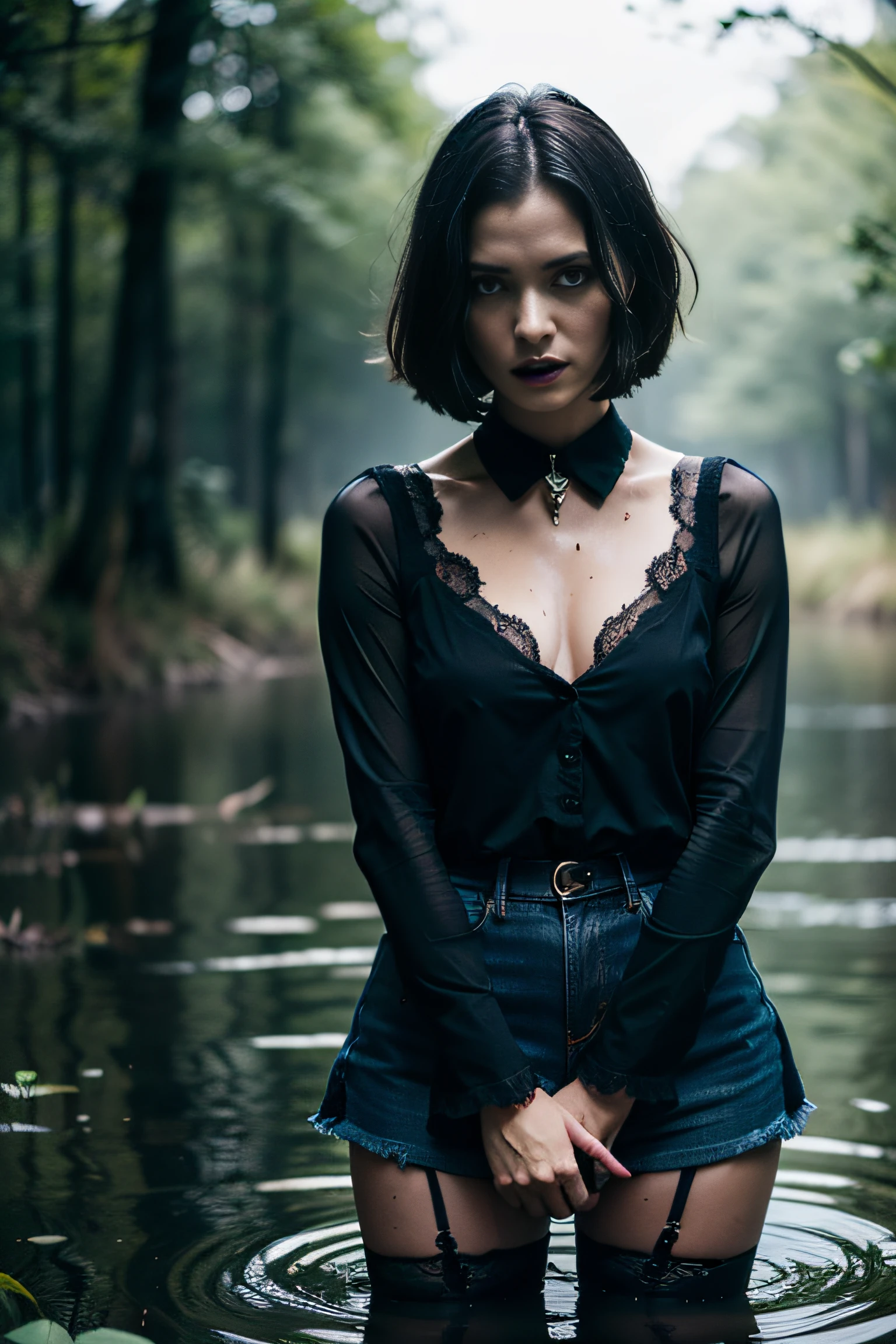 (Hyperrealistic photo, Ultra Detailed, Raw, tmasterpiece), Black Sky, night time, The forest is illuminated by the moon because of the clouds, ominous red reflections in the distance. Drama. vicious woman tragically drowns in a swamp. Gothic dress with sleeves:, lace stockings with garters. jacket leather, She has an iron collar, Short Hair Hair, The face expresses gloomy delight. desperately trying to get to the surface, but the mud is pulling her down, And she knows, that her last moments are near,  Imminent Doom