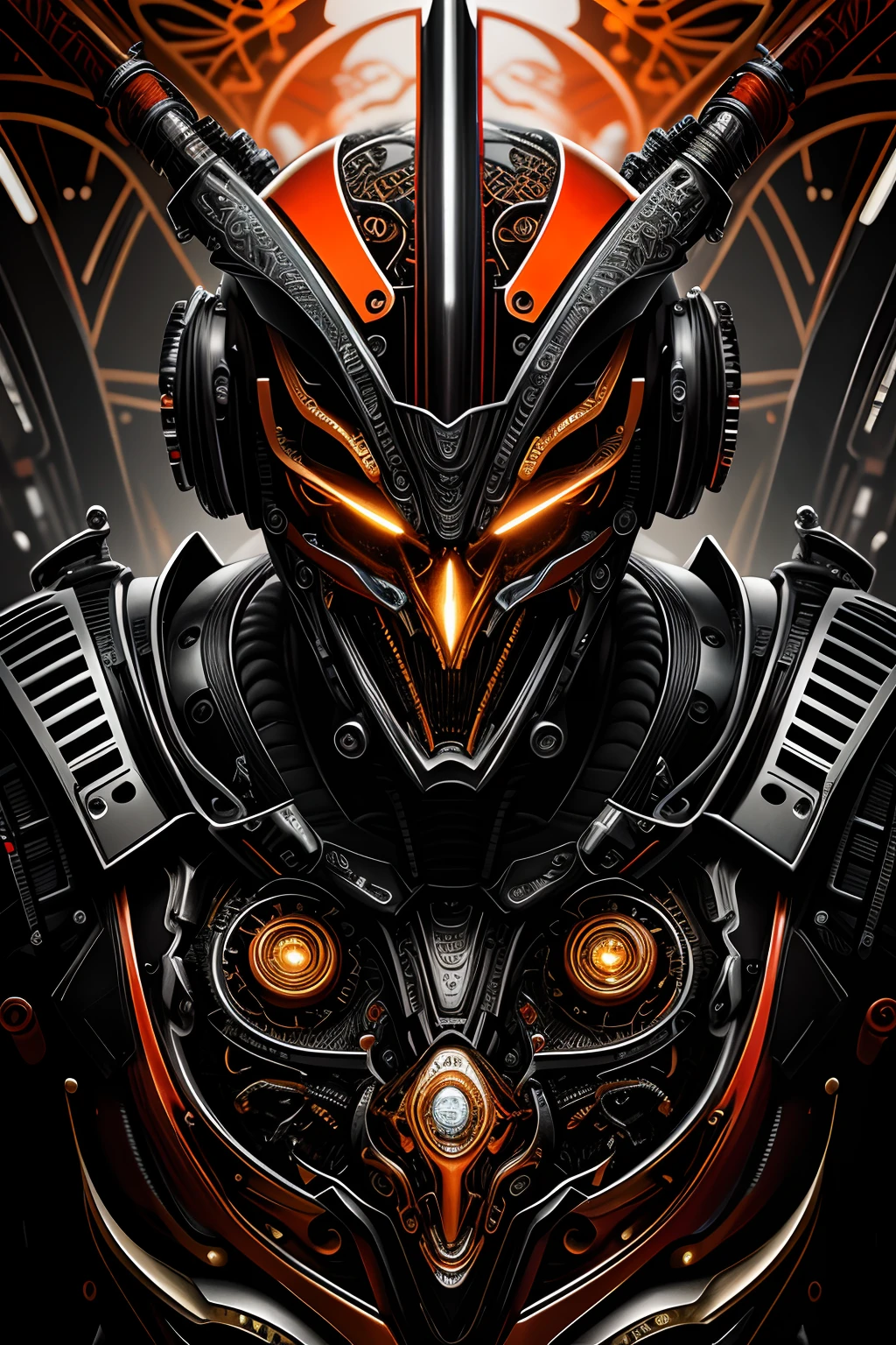a close up symmetrical portrait of a cyberpunk gangster, biomechanical, mshn robot, splashes of orange red, hyper realistic, intricate design, (insanely detailed:1.4), (extremely fine details:1.35), Extremely sharp lines, steel, cinematic lighting, Photorealistic, a detailed painting by Ayami Kojima and Lilia Alvarado, (best quality, high quality, absurdres, intricate detail, masterpiece, cinematic), highly detailed, motion blur, film grain, noise, lens effects,