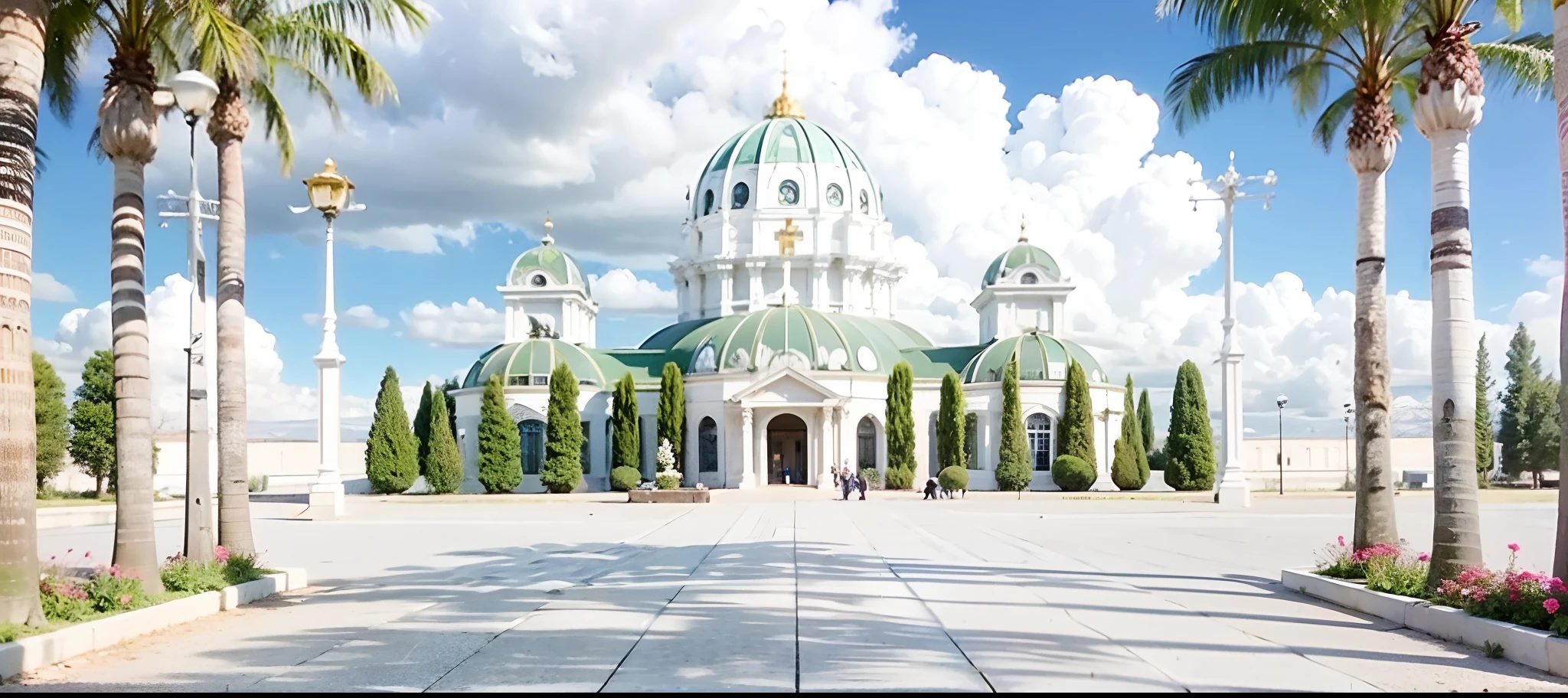 Building with a yellow dome, In a futuristic palace, futuristic palace, igreja futurista, Futuristic domes, Several large green trees and front of the building, Marble Outdoor Sidewalk, quatro grandes coqueiros, nuvens ao fundo
