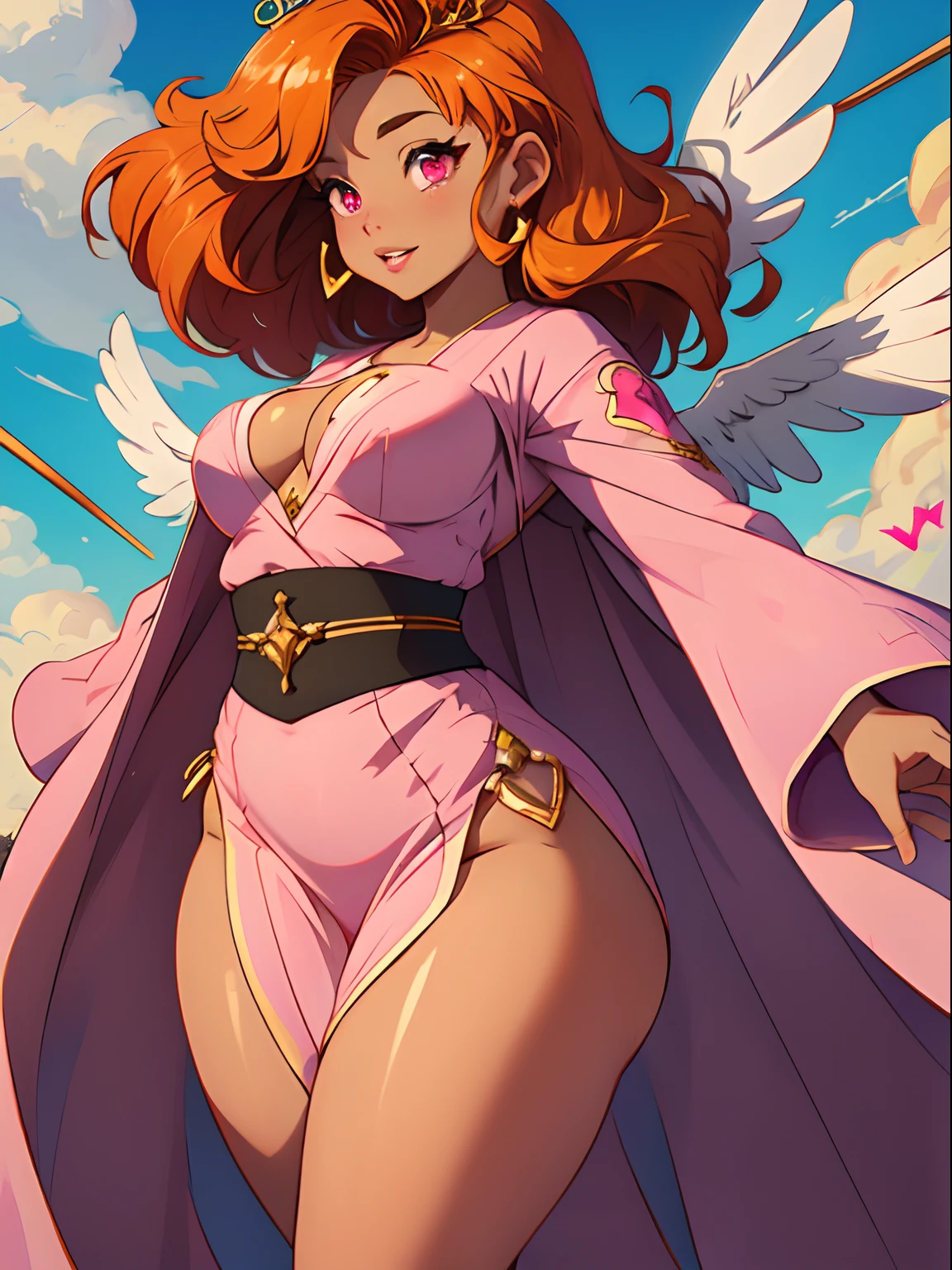 orange hair++++, dark brown skin:1.1+, dark-skinned female, hair down+, bangs+, pink eyes+ slight smile+ pink eyes+++, detailed eyes+, plump lips++, thick lips+, curvy body+, thick thighs++, small waist++, angel wings+++, arrow++, heart symbol+++, pink robe++, gold straps+, gold tiara+++, white bow in back of hair+, clouds, waves+, big breast, close up++, HD+, masterpiece+,