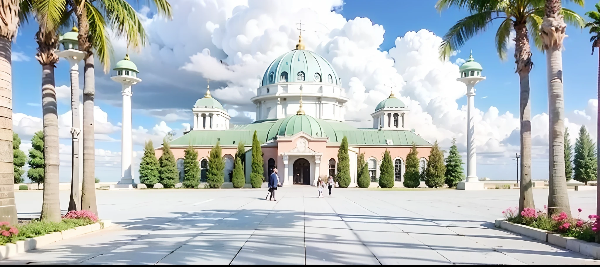 Building with a yellow dome, In a futuristic palace, futuristic palace, igreja futurista, Futuristic domes, Several large green trees and front of the building, Marble Outdoor Sidewalk, quatro grandes coqueiros, nuvens ao fundo