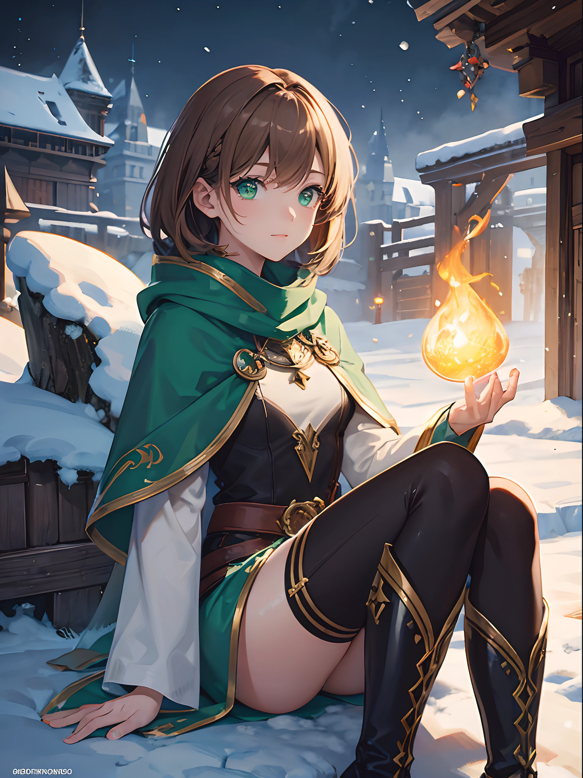 Close up, fantasy world, courtyard, snow, magic stone towers, woman, short light brown hair, green eyes, mage robes, boots, leggings, fire magic