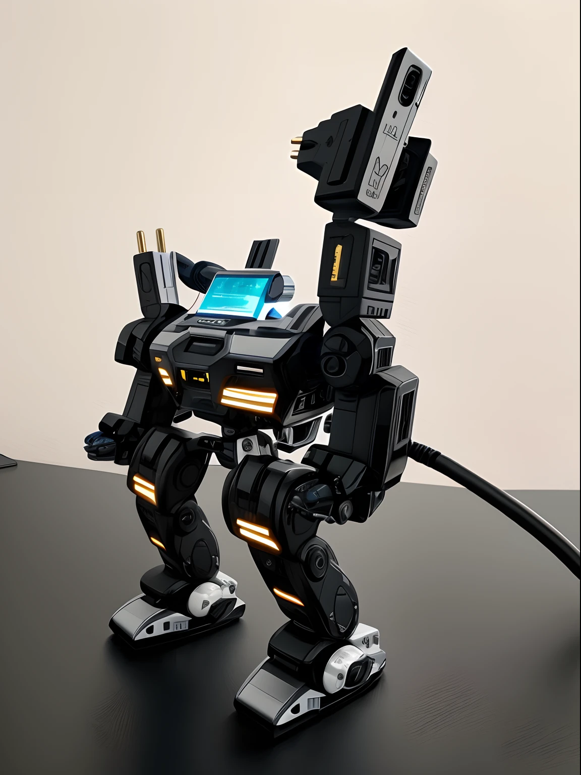 There is a small toy rabbit that is connected to a charger, Parte inferior - vista, bottom angle, Bottom view, satisfying cable management, voltar - ver, Top view, vista frontal, Gerenciamento de fios, Detalhes adicionais, Portal Gun, Montado, close - up view, close-up view, Dunkey do videogame, Robotic outstretched arms, Completo - Vista, top angle view