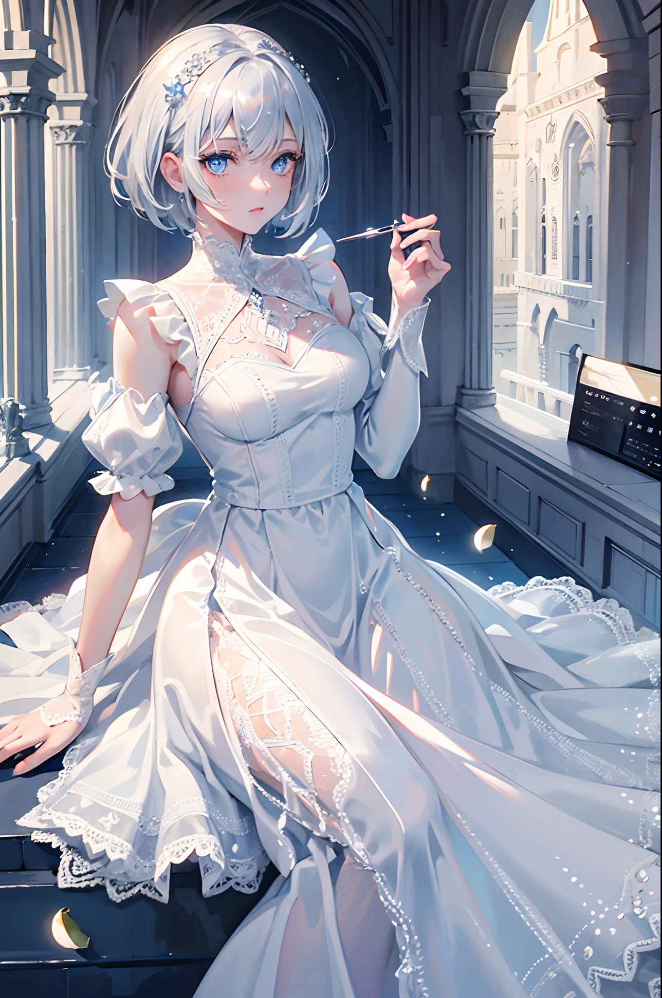 silber hair blue eyess in a castle Short hair White lace dress a lot of apples masterpiece Top image quality Clear cinematic shadow Increased attractiveness of the eyes Clear the shine of the eyes Draw eyelashes neatly Perfect Eye A detailed eye Sharpen image quality Sharpen eye writing Clear eye shape