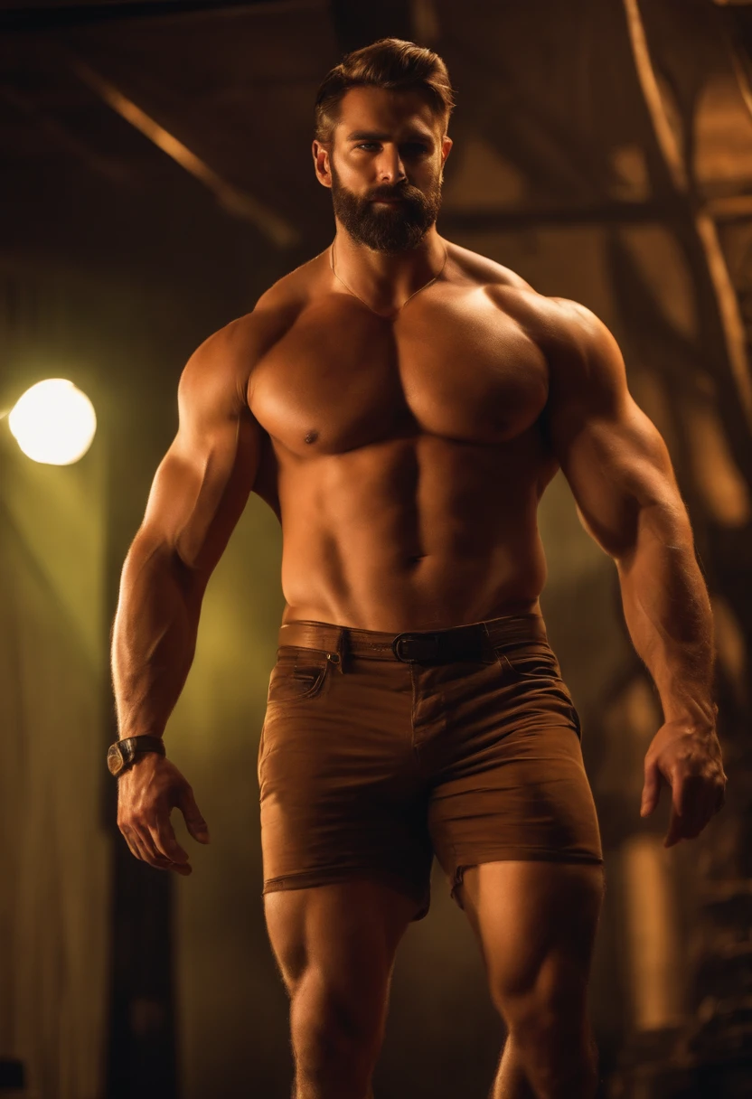 A giant shirtless, muscular man with a short beard standing over me