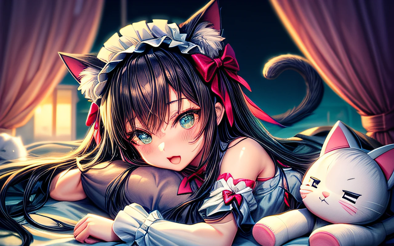 anime girl laying in bed with stuffed animal and cat, white cat girl, cute anime catgirl, beautiful anime catgirl, very beautiful anime cat girl, anime girl with cat ears, splash art anime loli, nightcore, anime cat girl in a maid costume, anime moe artstyle, anime visual of a cute girl, soft anime illustration, anime catgirl