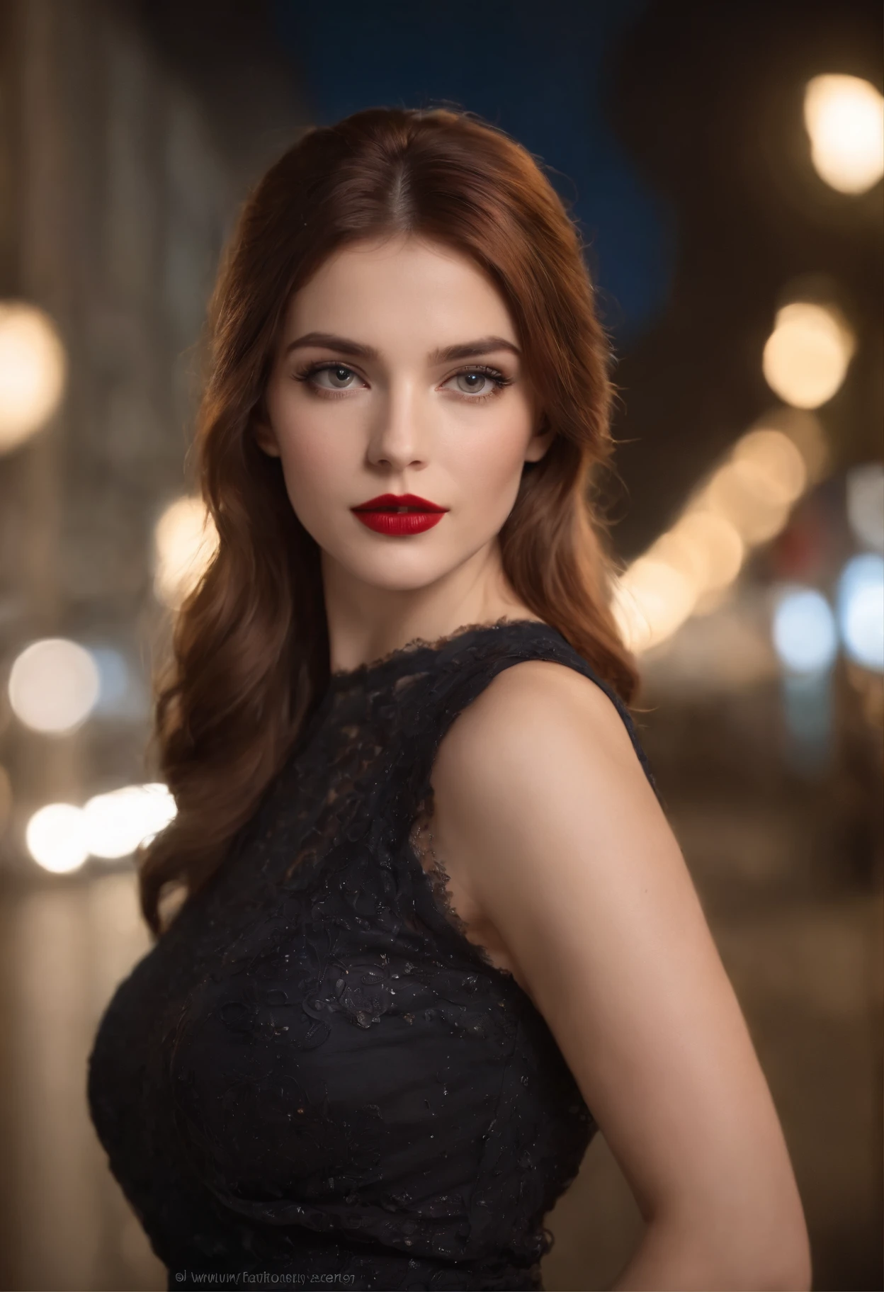 girl with reddish-brown hair, ojos azules, Beautiful, cuerpo completo, medianos senos, con un vestido corto negro con medias de red, tacones altos, red lipstik, cuerpo completo de la cabeza a los pies, en un club nocturno