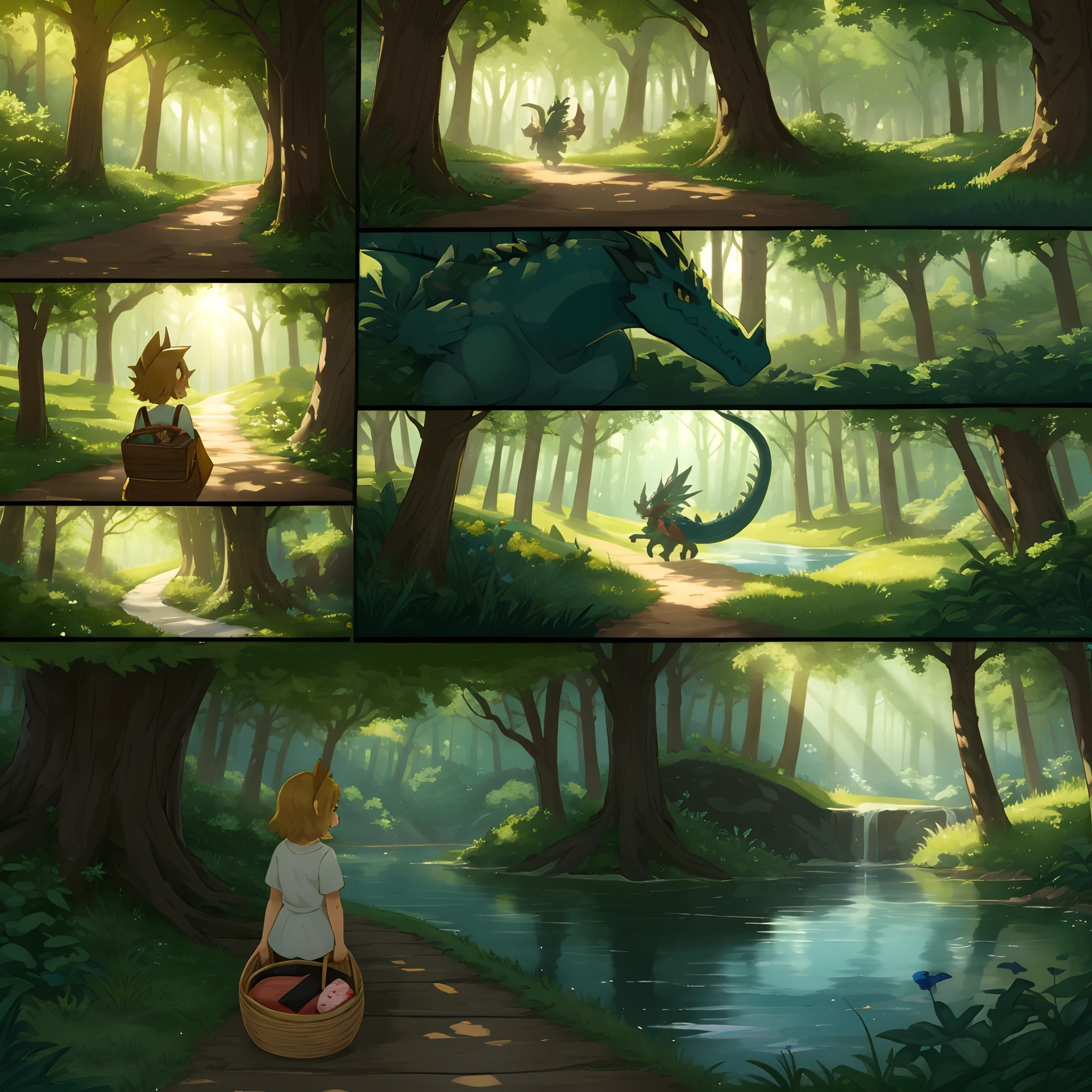 6-panel cartoon, 1. A forest with sunlight shining through, 2. A narrow path leading to the depths of the forest, 3. The back of a girl with a basket, 4. A small dragon peeking out of a beautiful lake, 5. The girl and the dragon looking at each other, 6. The girl reaching out to the dragon,
