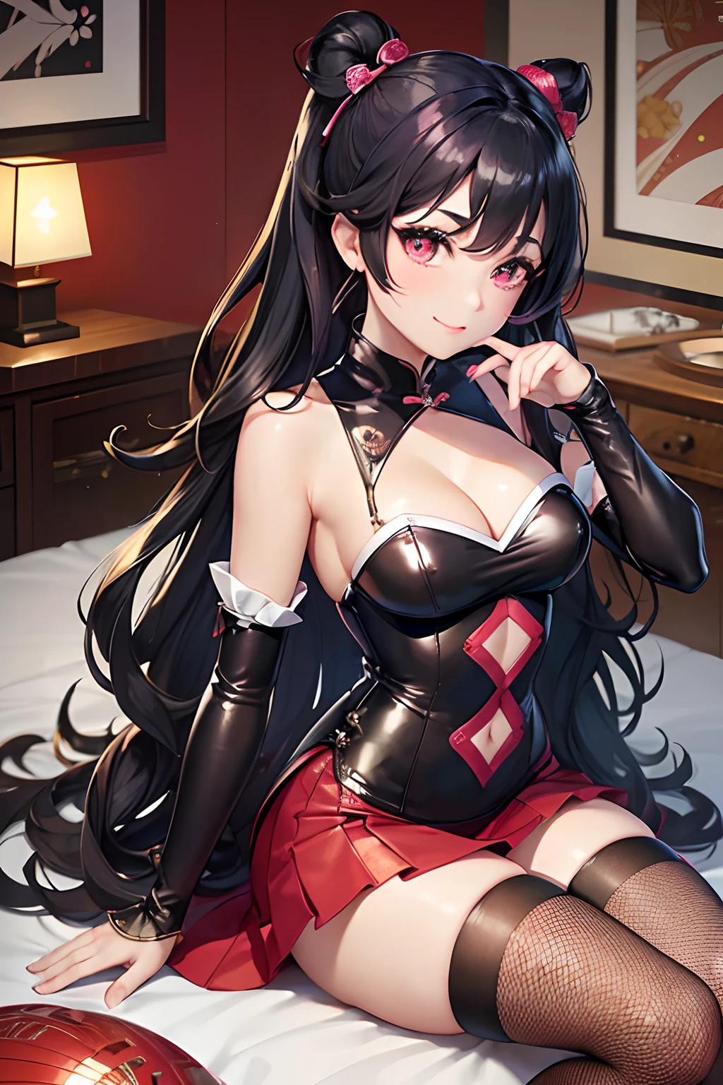 16ｋ,Raw photography,top-quality,hight resolution,Ray tracing,PBR Texture,Post-processing,),(((Leather china skirt , Cute Japan Anime Girl,Pripara,black wavy long hair,Emphasize cleavage,bare hand,Thin leg,))),(finerly detailed face:1.4),(​masterpiece:1.4),(top-quality:1.4), Beautiful fine skin,(cute little:1.5),(Complex fishnet stockings),pin heels,Leather luster 3.0,Beautiful skin,(Red Bodycon),((tthin eyebrows,long eyelashes,smil,二重まぶた,)),Real Photo Stick,Hotel lounges,No title required,Do not wear anything on your shoulders, Nasty figure, or hands,Thin beautiful legs,Staring from the front,Cheongsam with beautiful pattern,